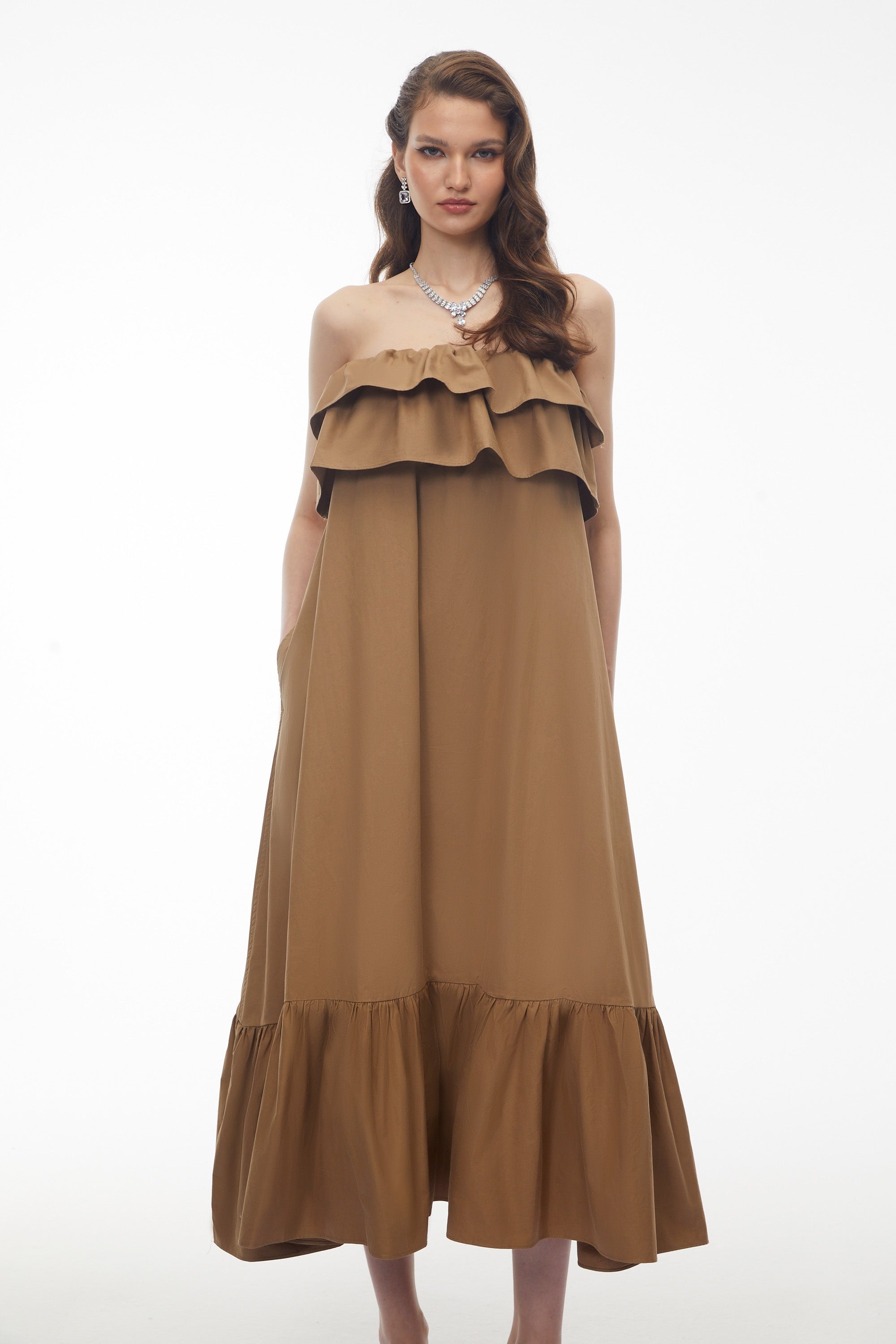 Robe midi à volants superposés Laelia Camel