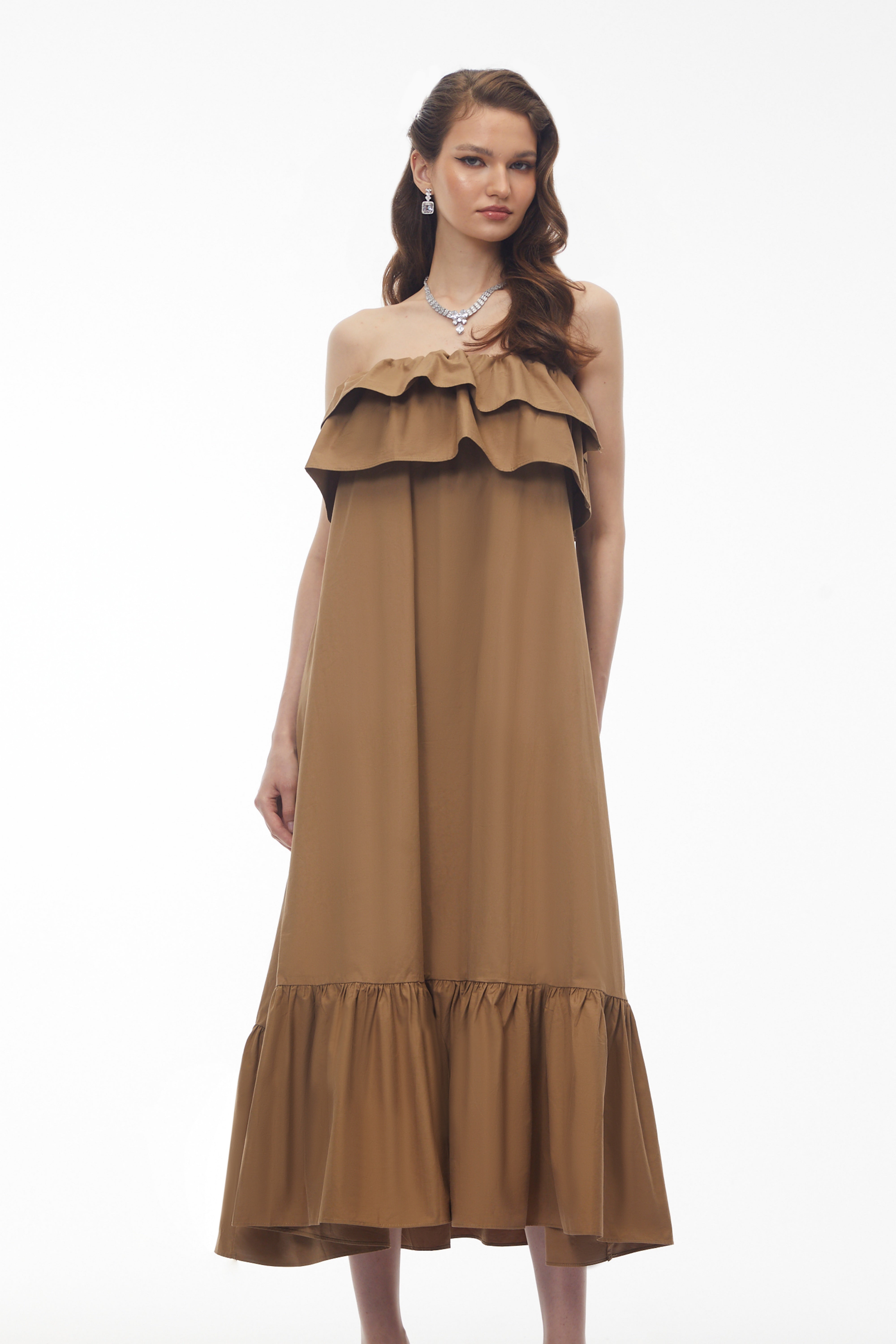 Robe midi à volants superposés Laelia Camel