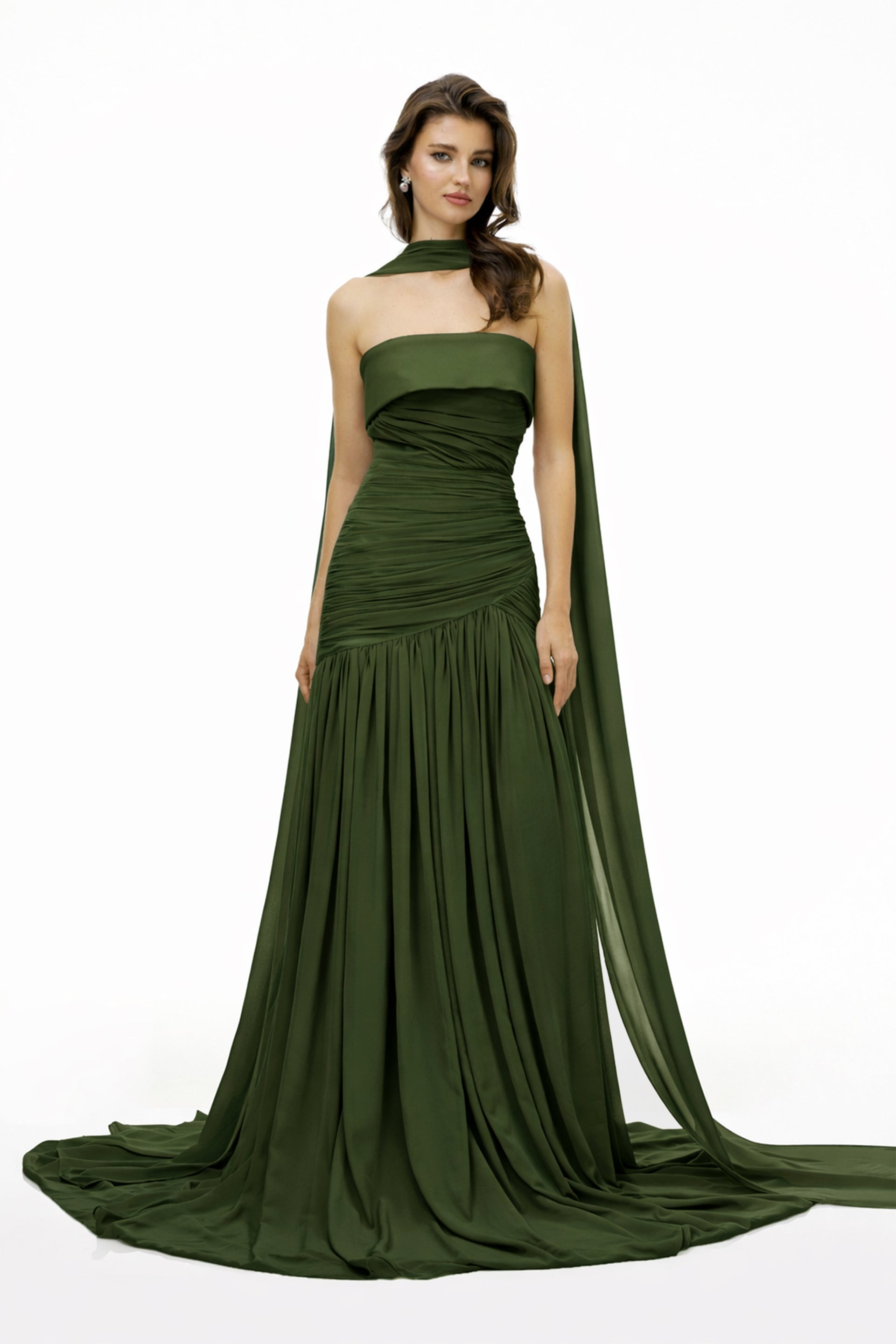 Laetitia Green Pleated Train Ruched Maxi Dress, S / Green