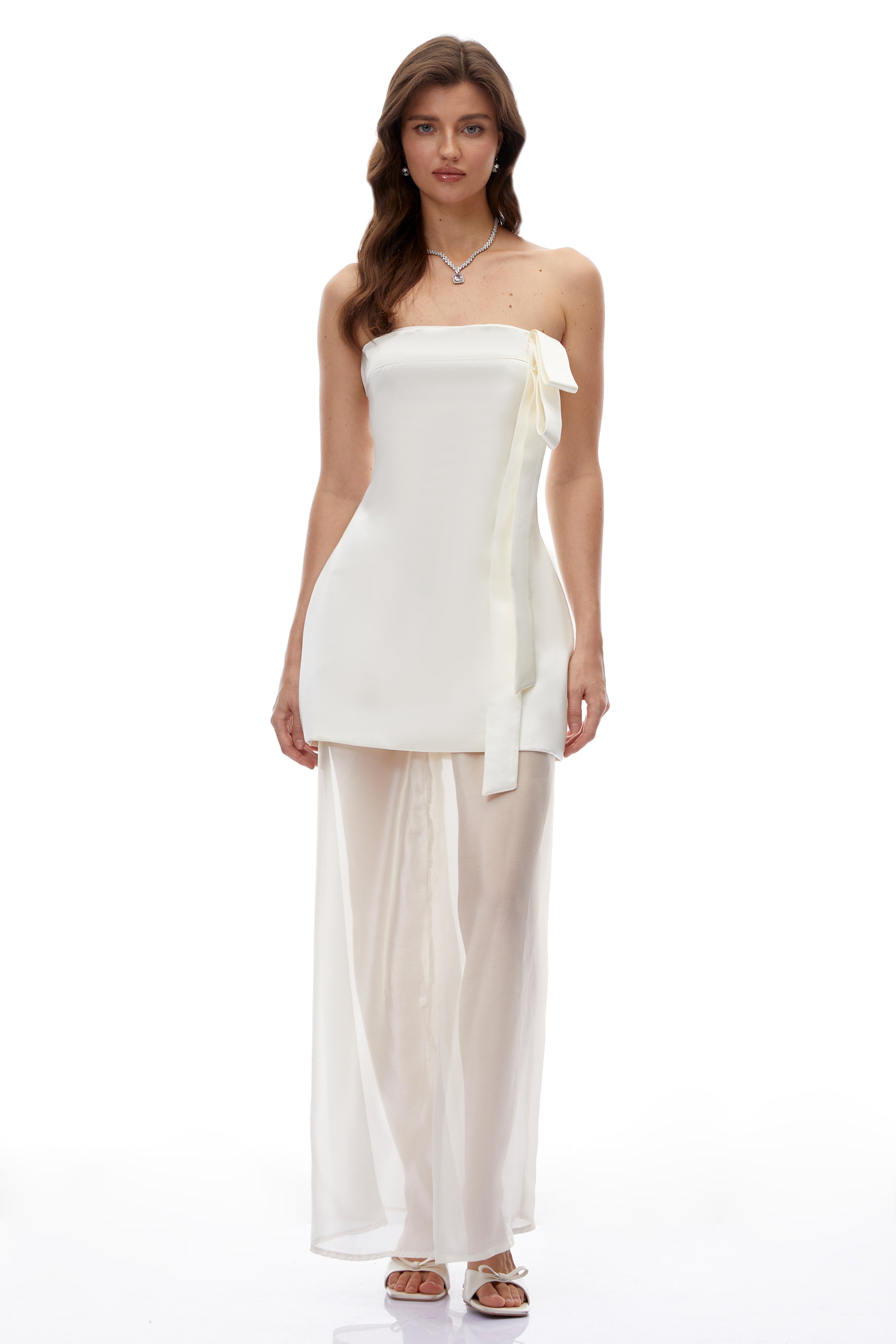 Lark White Off Shoulder Semi-Sheer Maxi Dress with Bow