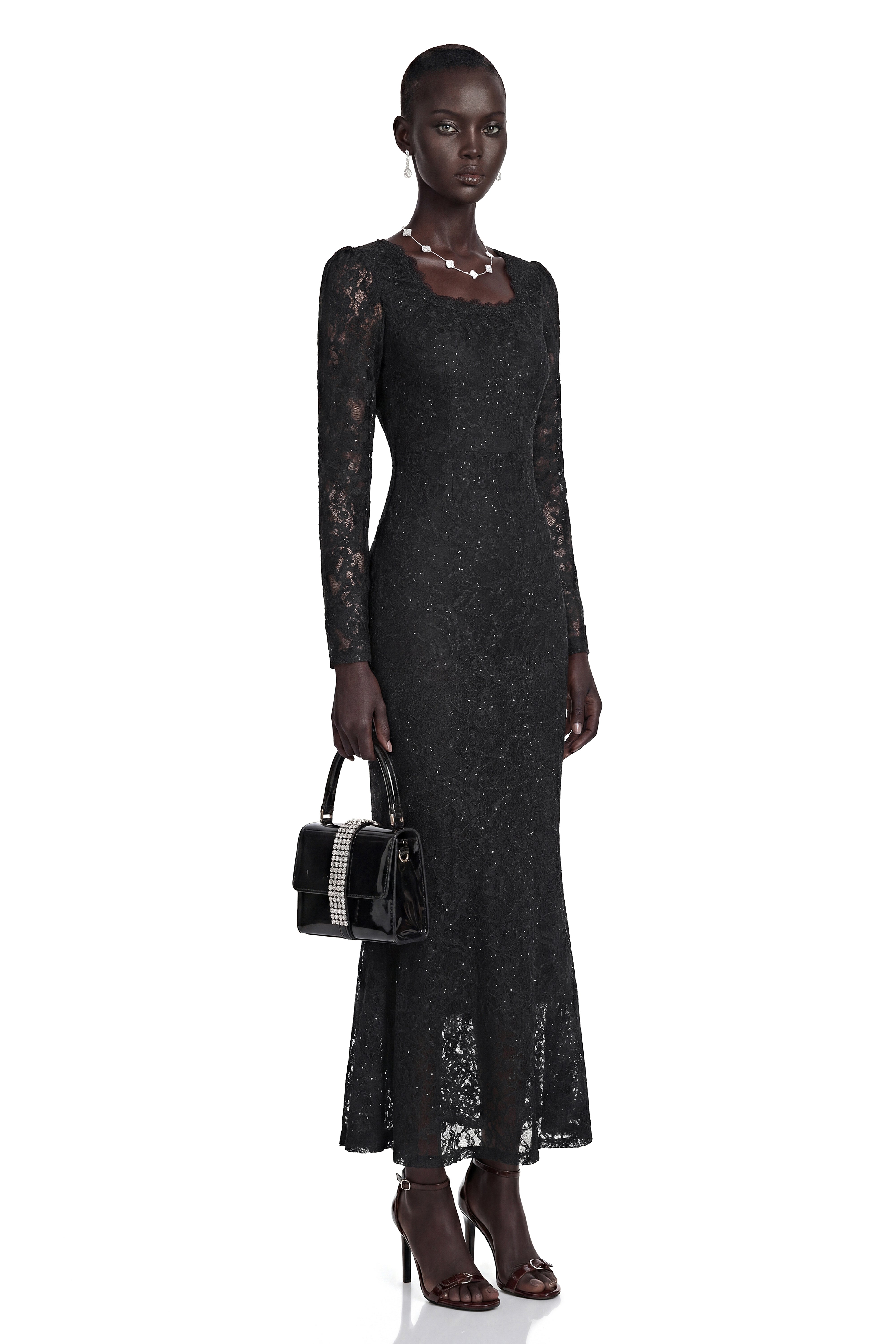 Lavender Black Floral Lace Fishtail Maxi Dress