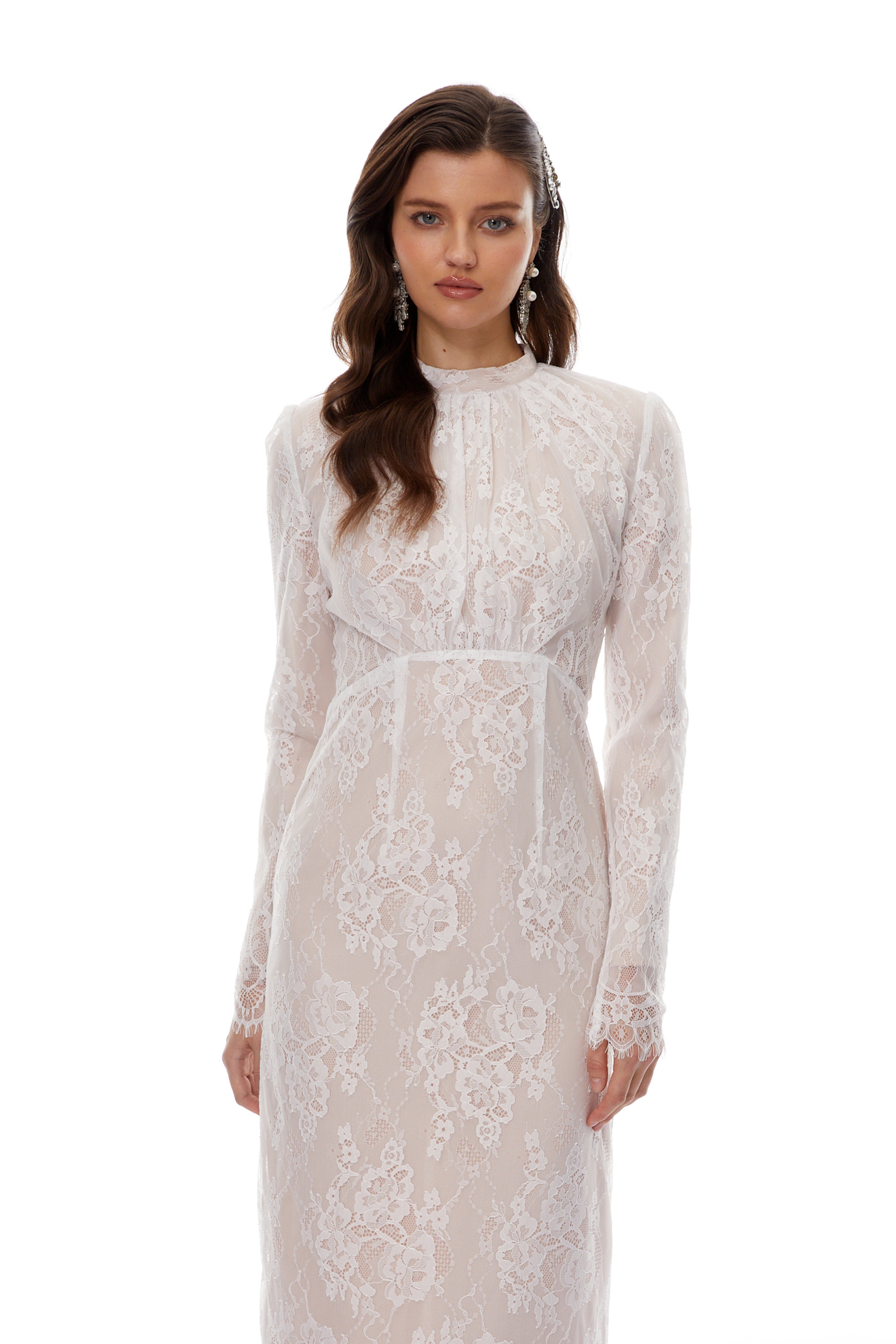 Leif White Mock Neck Lace Overlay Maxi Dress