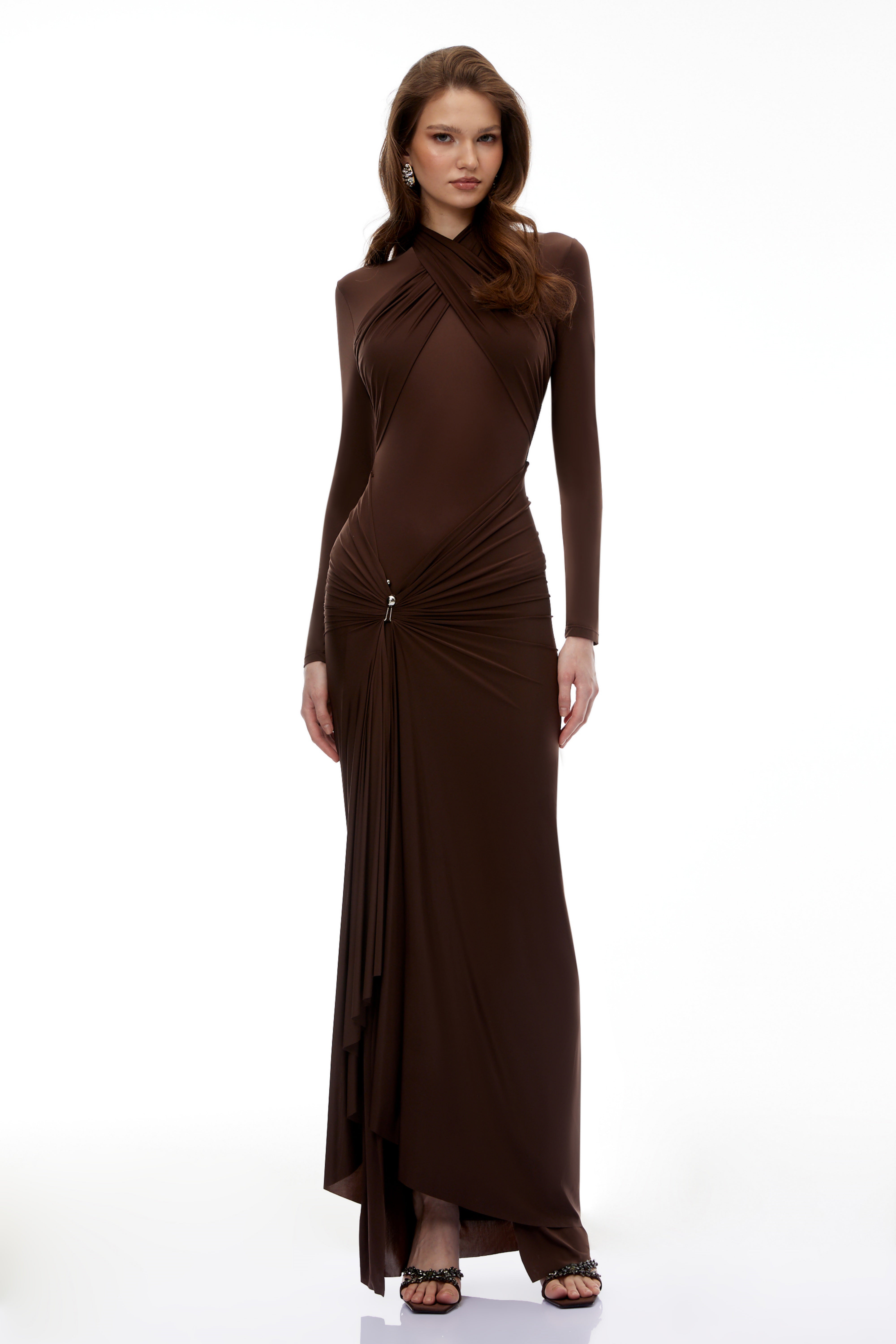 Lena Chocolate Brown Cross Front Maxi Dress