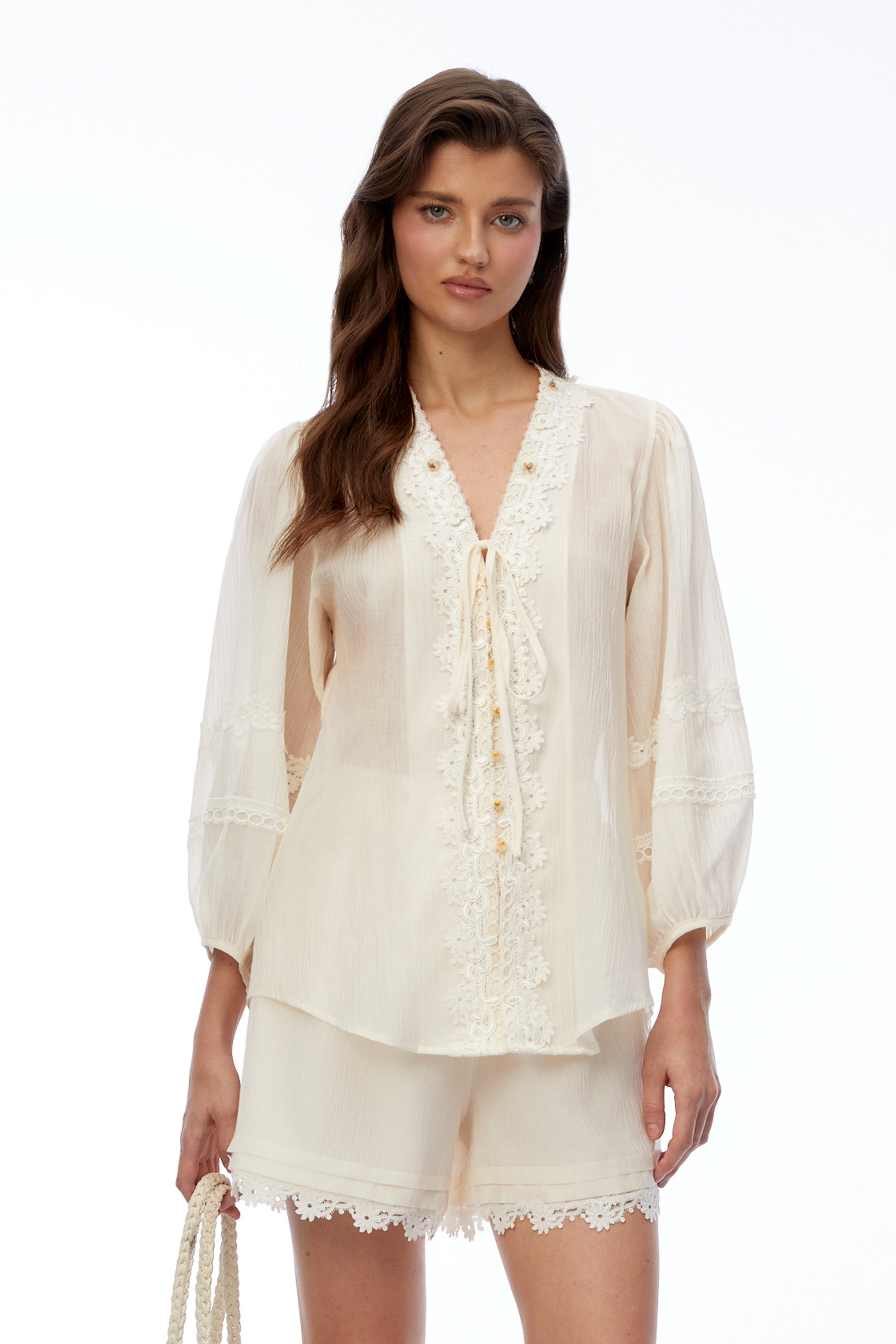 Leonie Ivory V-Neck Blouse & Shorts Set with Floral Applique