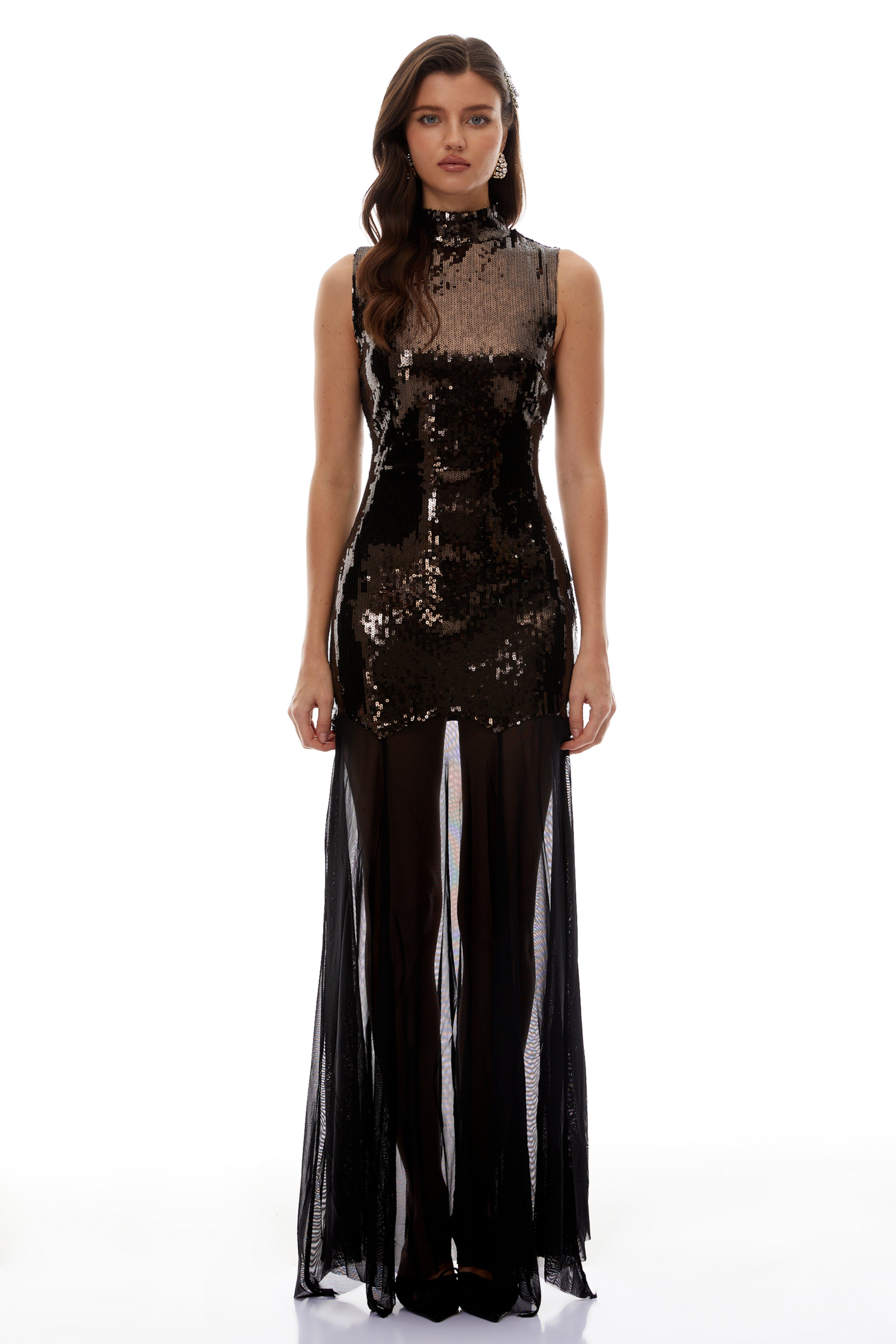 فستان ليوبولدينا ماكسي من قماش شبكي بني داكن مع ترتر