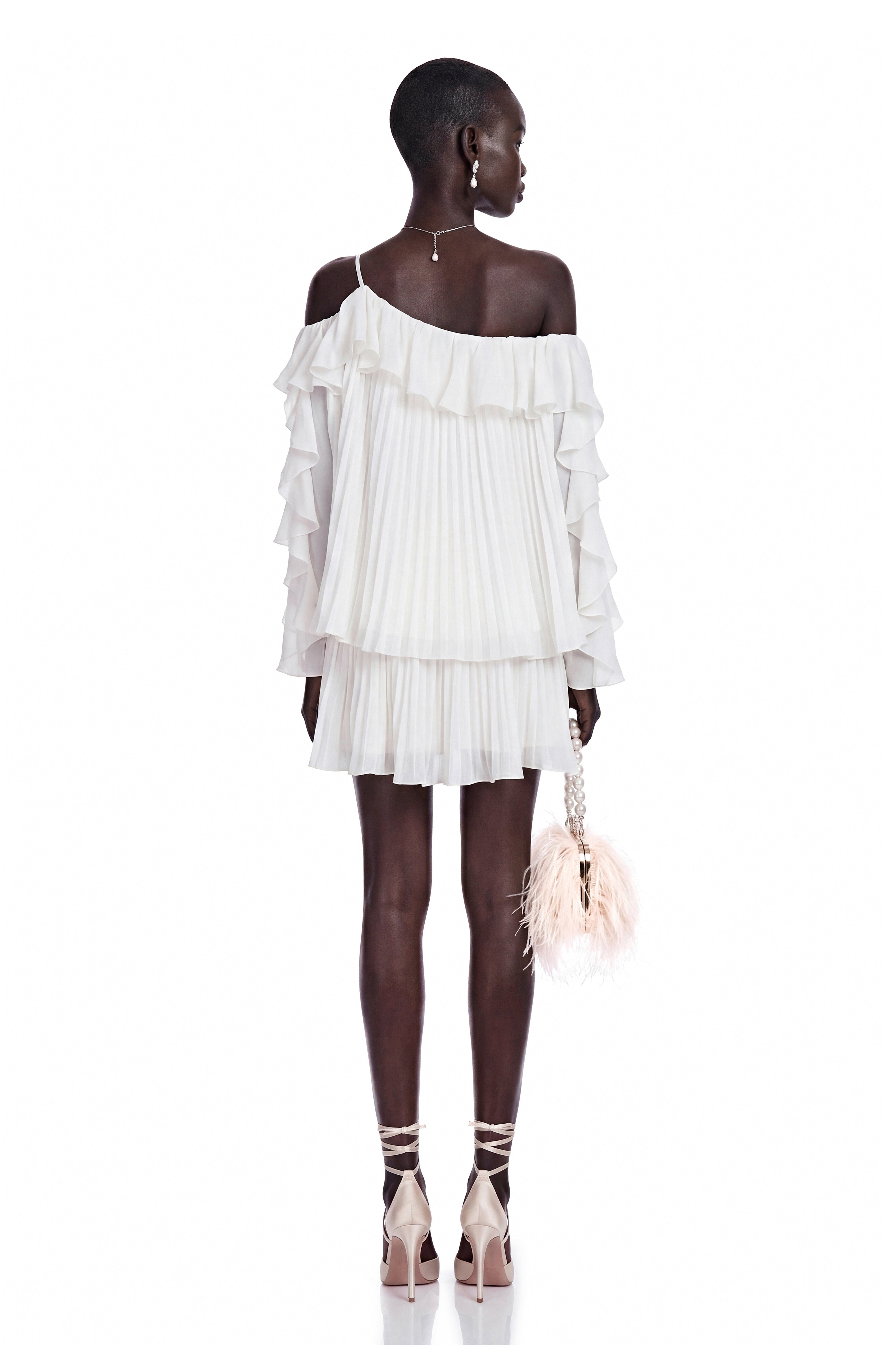 Lesley White Off-Shoulder Ruffled Pleated Top & Skirt Set
