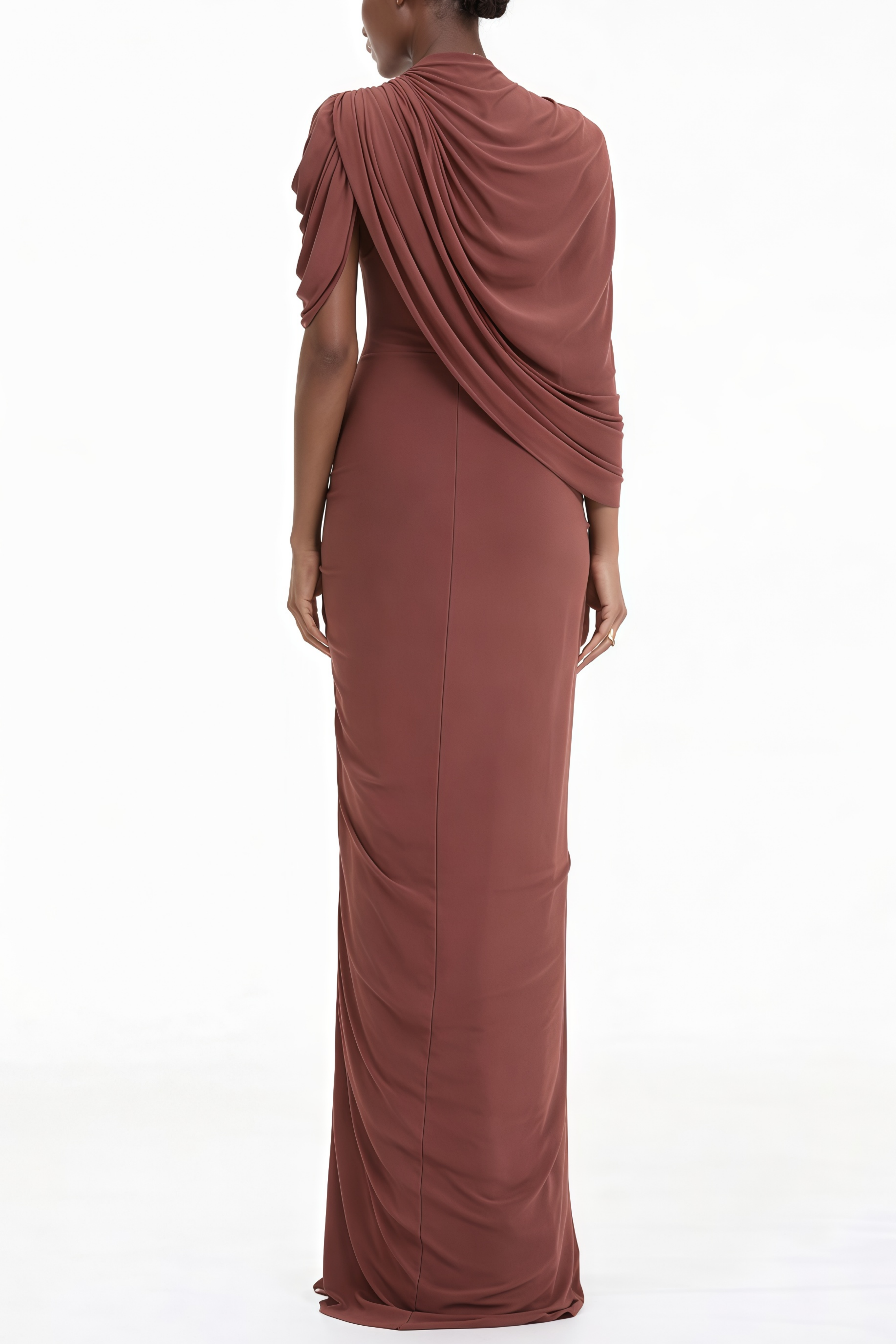 Burgunderrotes asymmetrisches Maxikleid mit gerafftem Cape