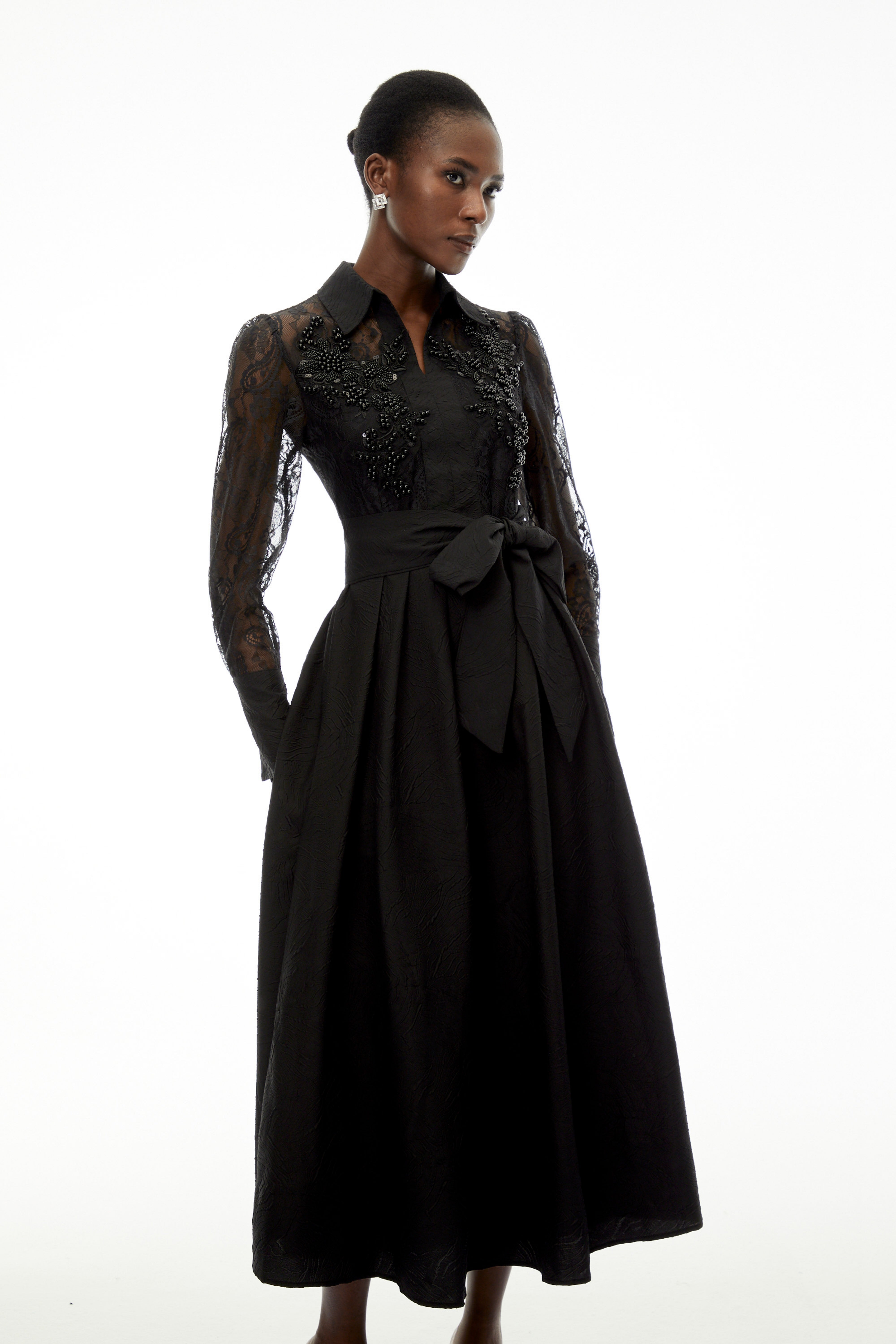 Lilliana Black Lace Midi Dress with Lapel Collar