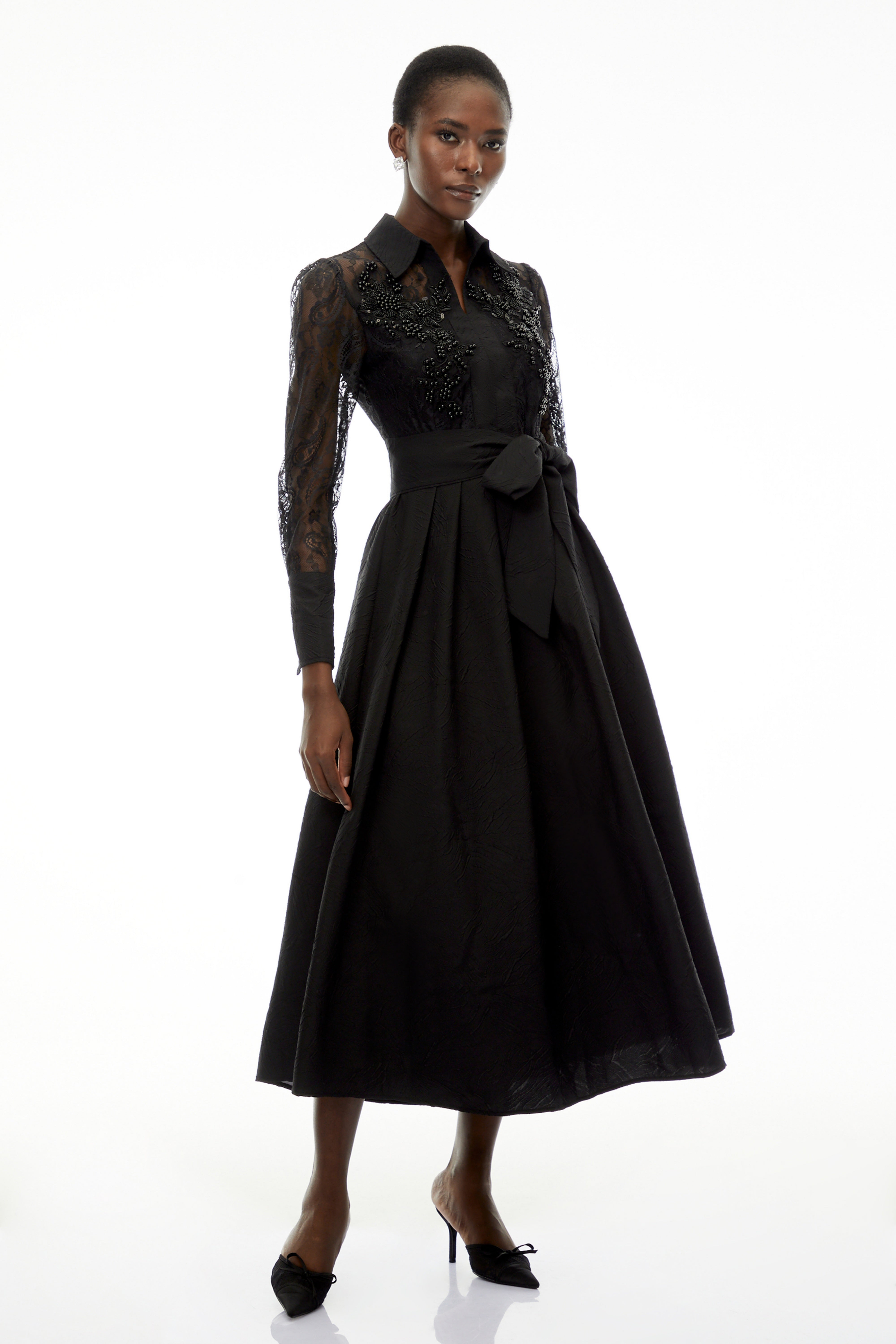 Lilliana Black Lace Midi Dress with Lapel Collar