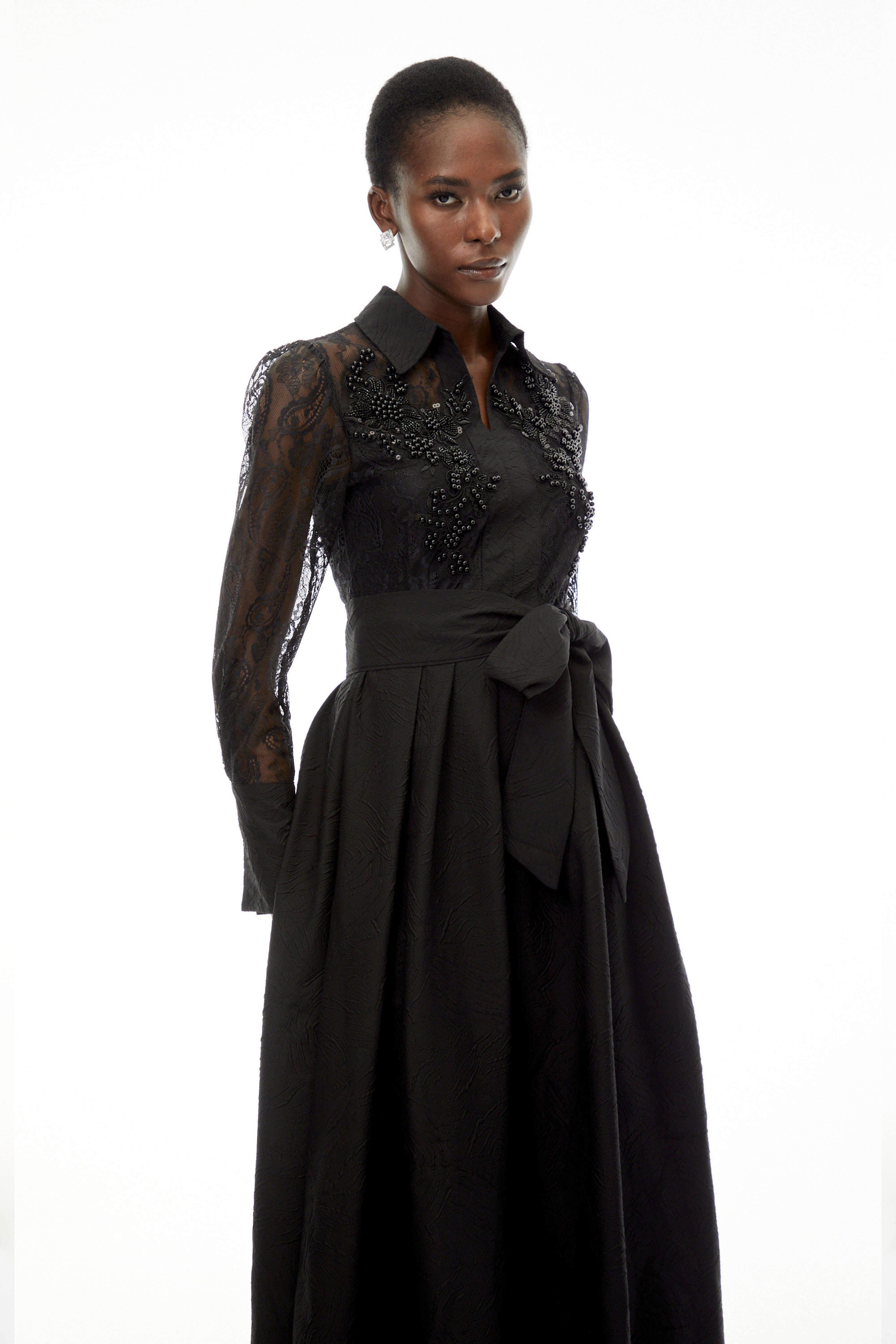 Lilliana Black Lace Midi Dress with Lapel Collar