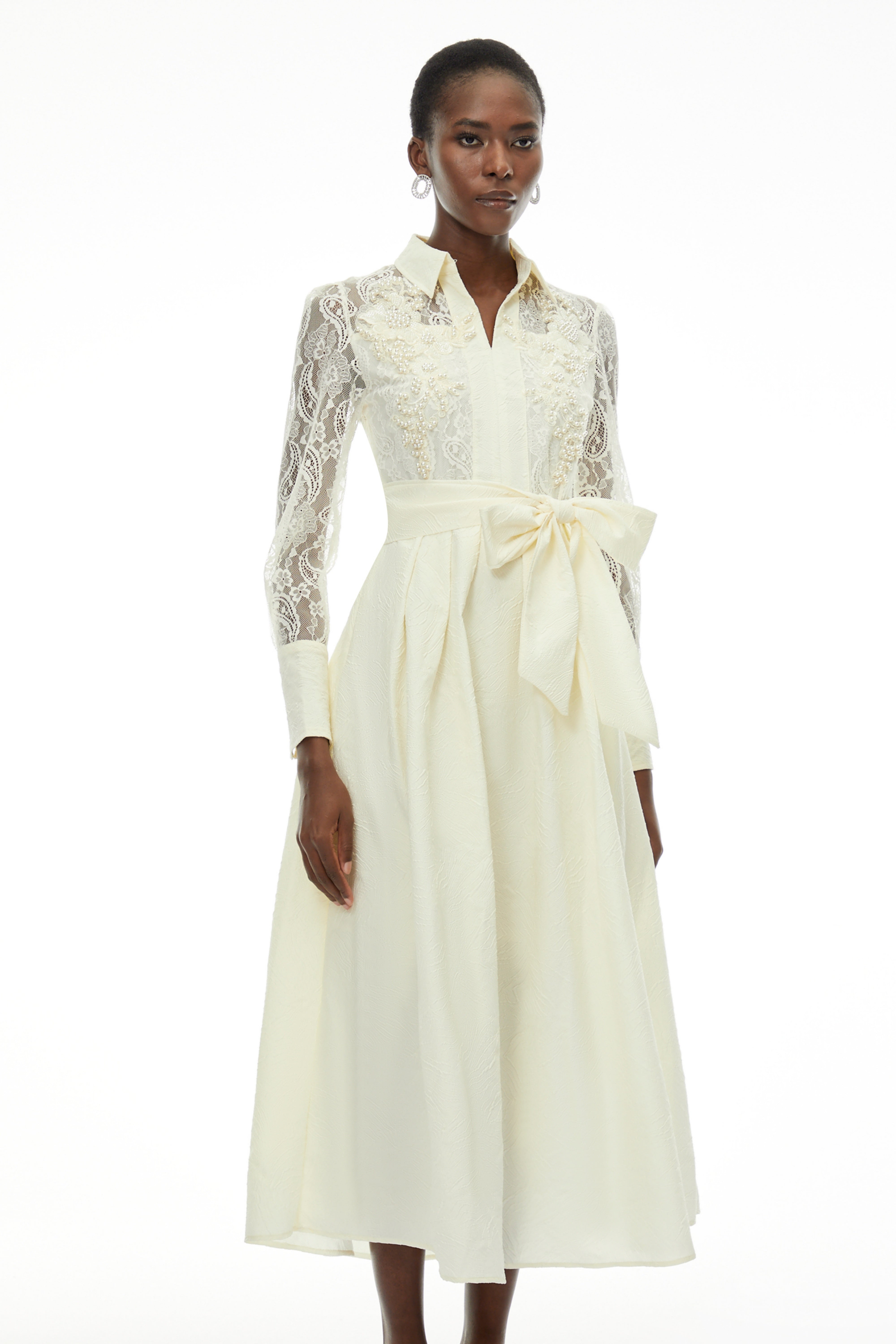 Lilliana Cream Lace Maxi Dress with Lapel Collar