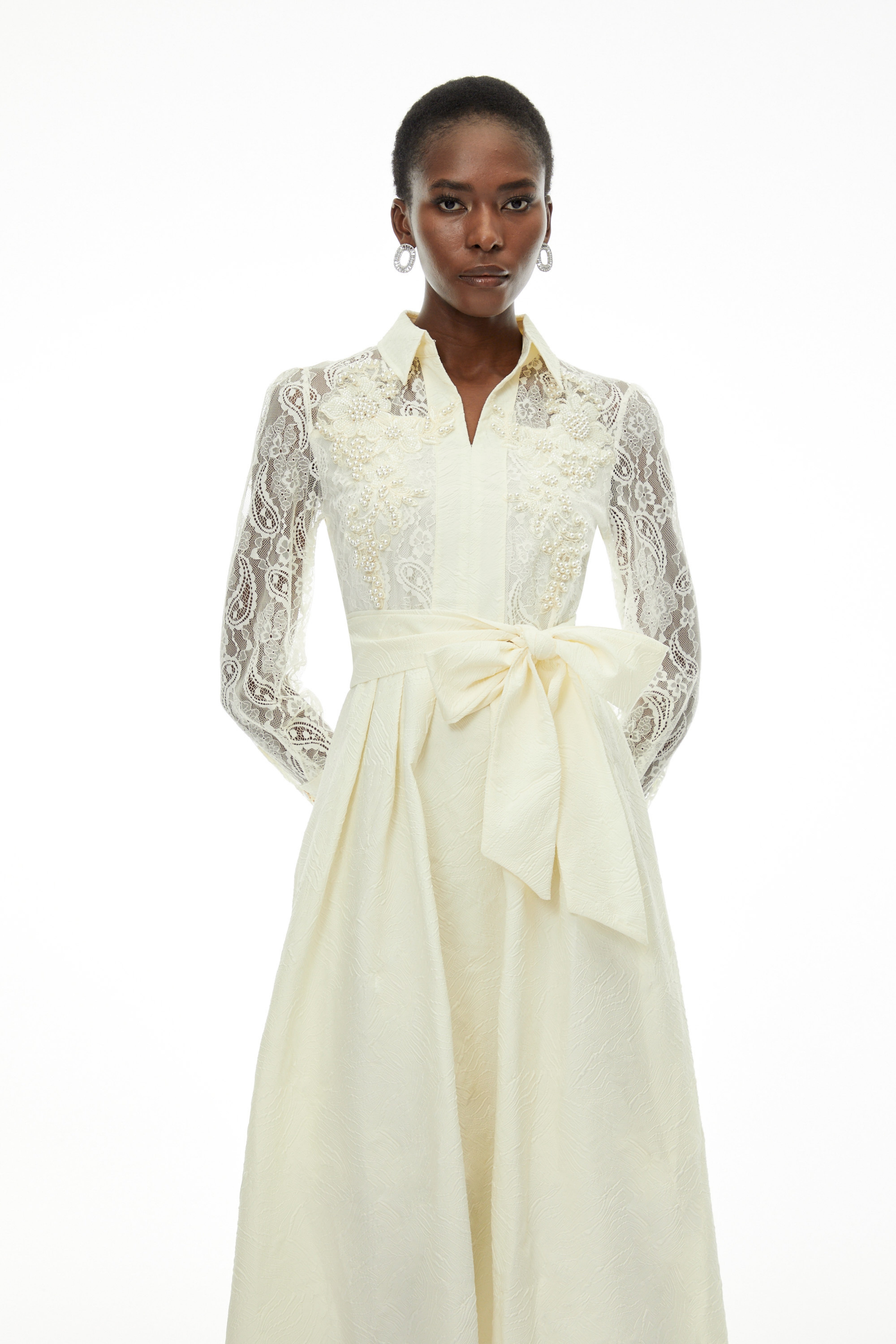 Lilliana Cream Lace Maxi Dress with Lapel Collar