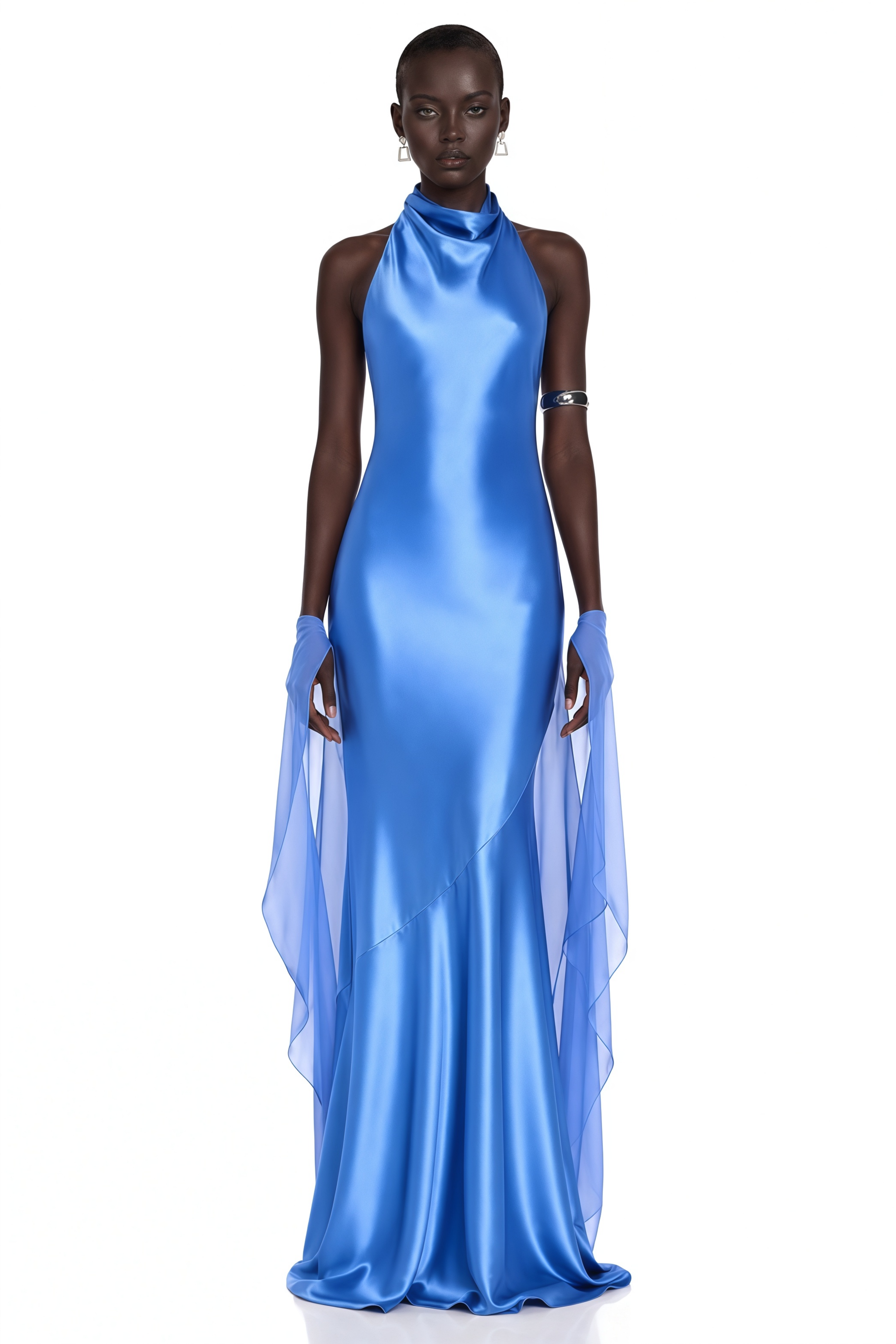 Lilou Blue Backless Satin Maxi Dress with Chiffon Drape