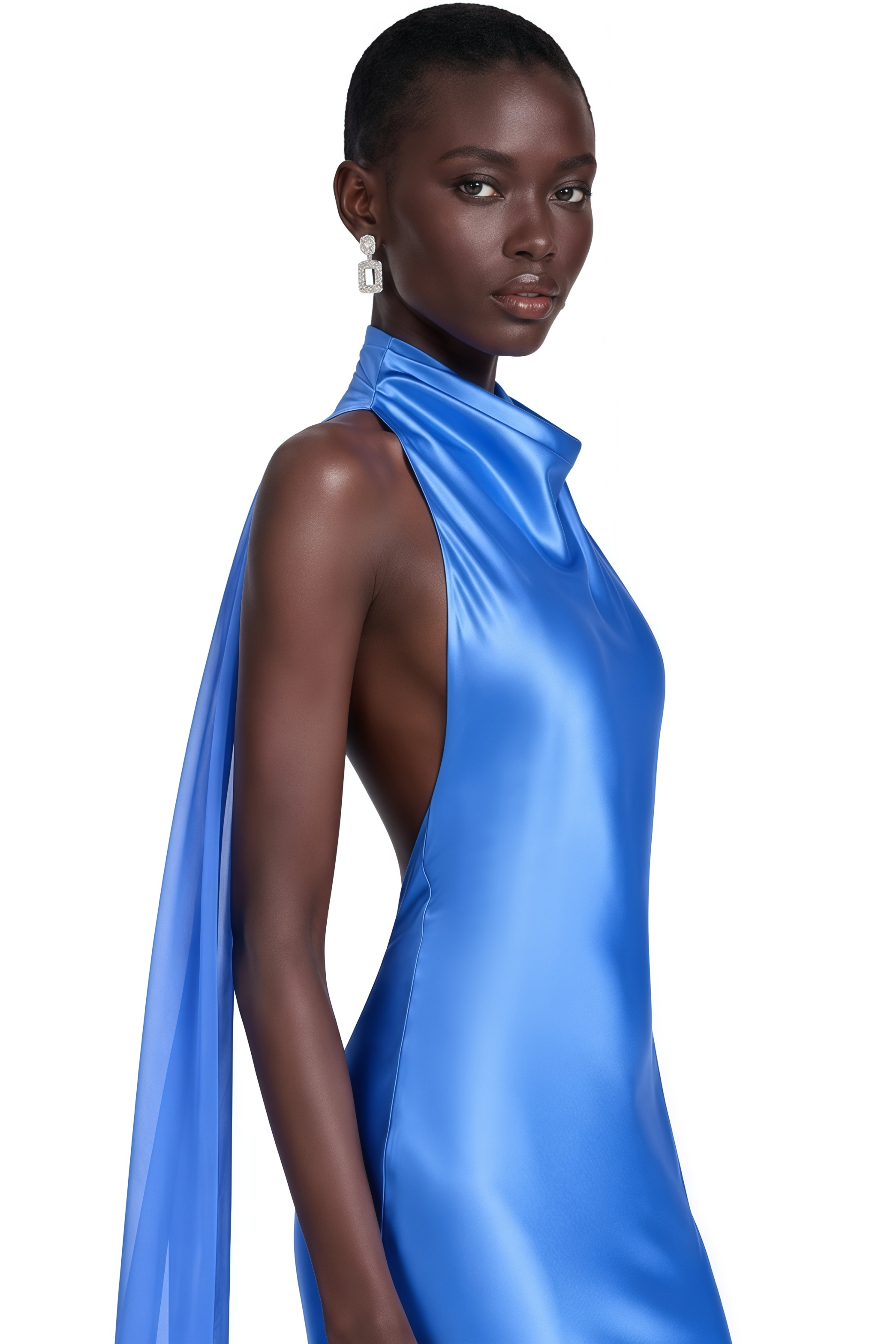 Lilou Blue Backless Satin Maxi Dress with Chiffon Drape