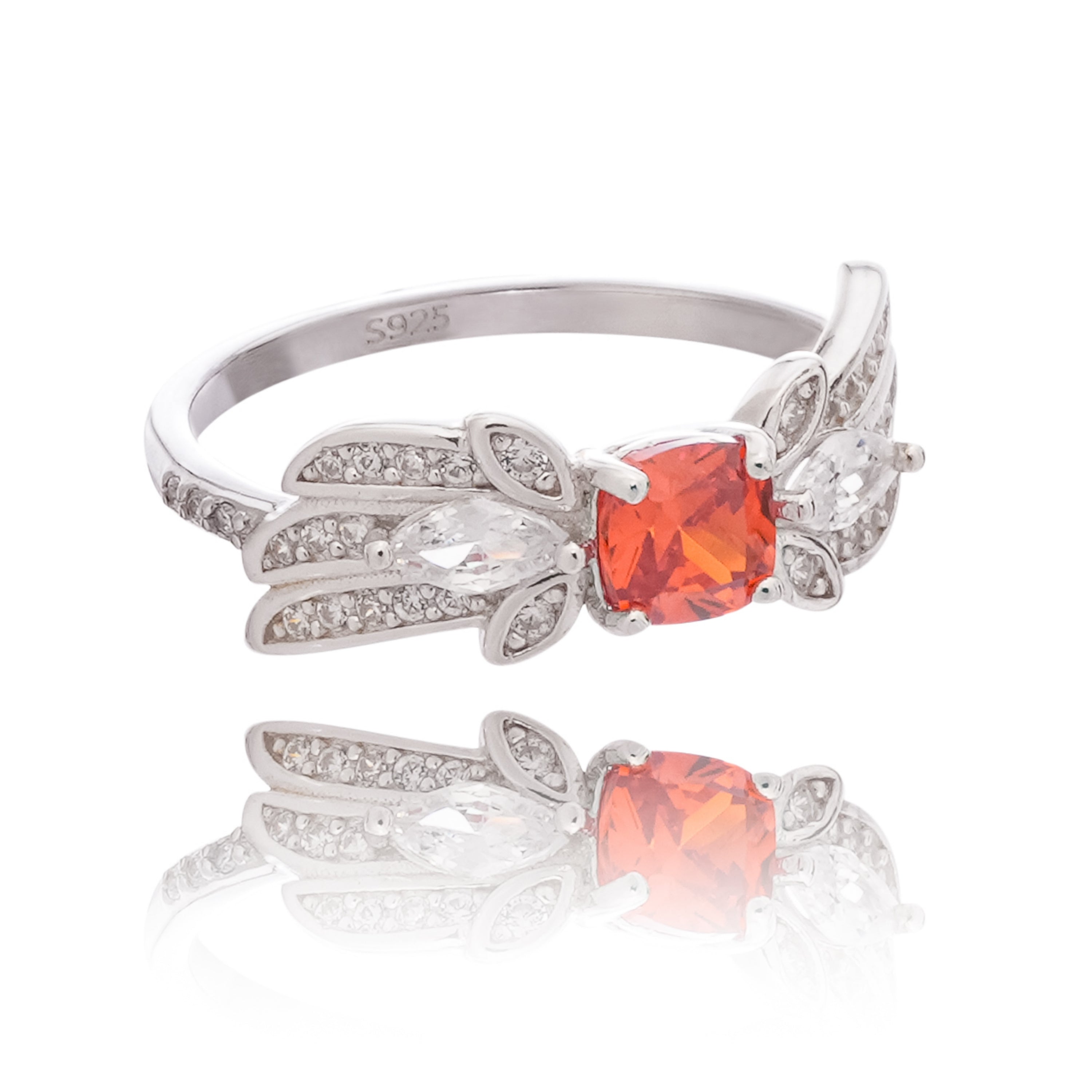 Lilou Orange Cushion Cut Gemstone Leaf Marquise Sterling Silver Ring