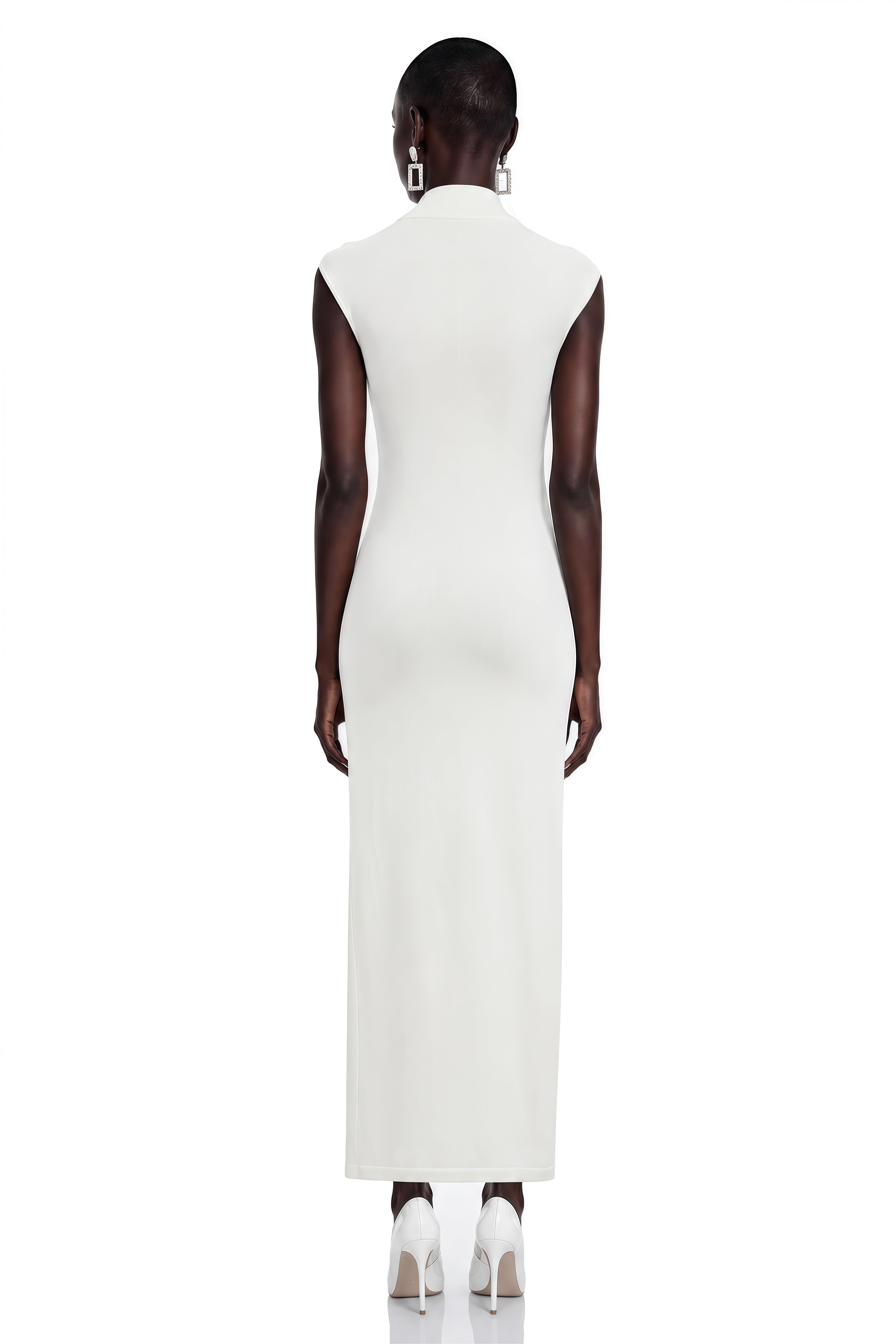 Linda White Bodycon Maxi Dress with Rhinestone Brooch
