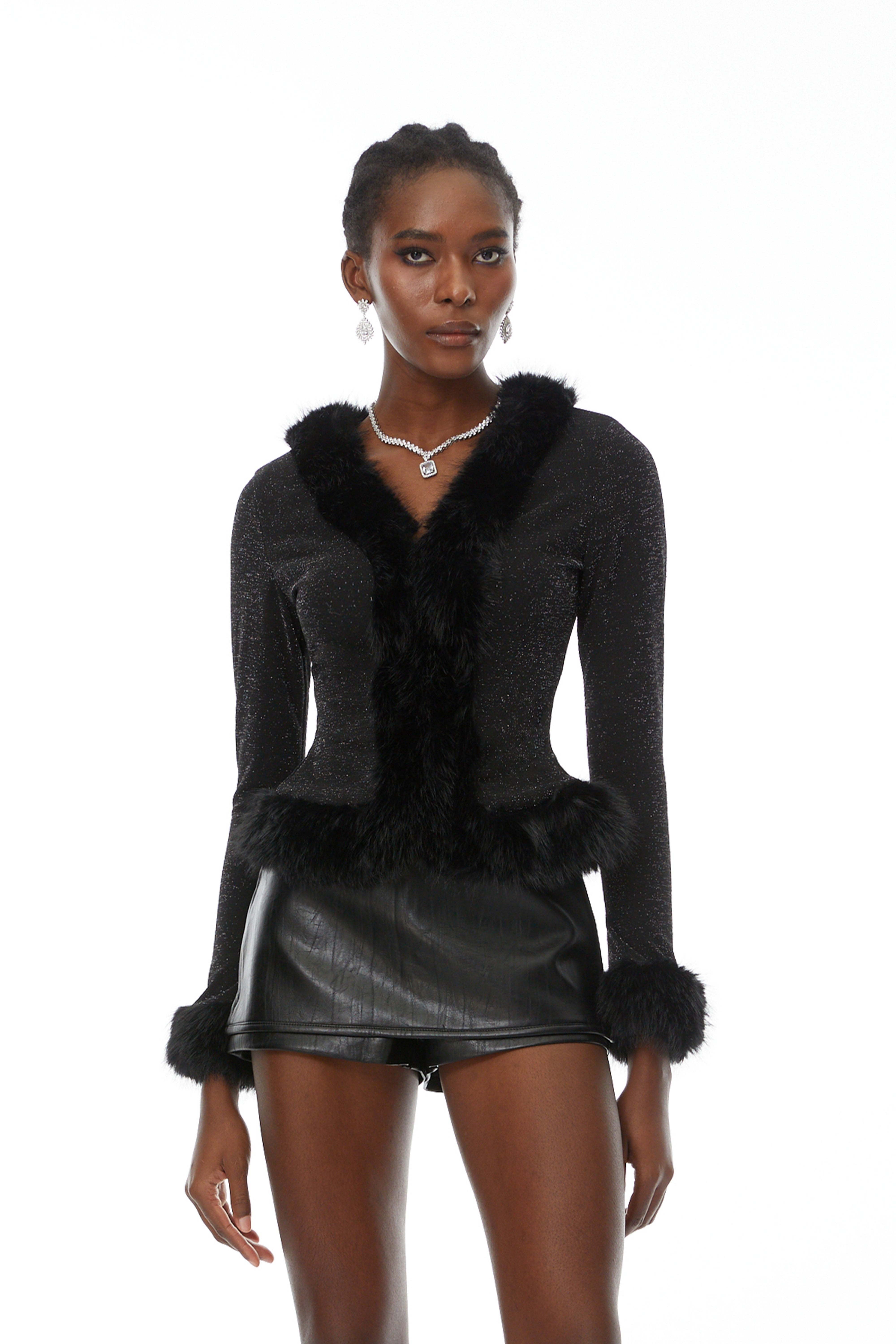 Lindsay Black Fur Trim Sheer Glitter Top