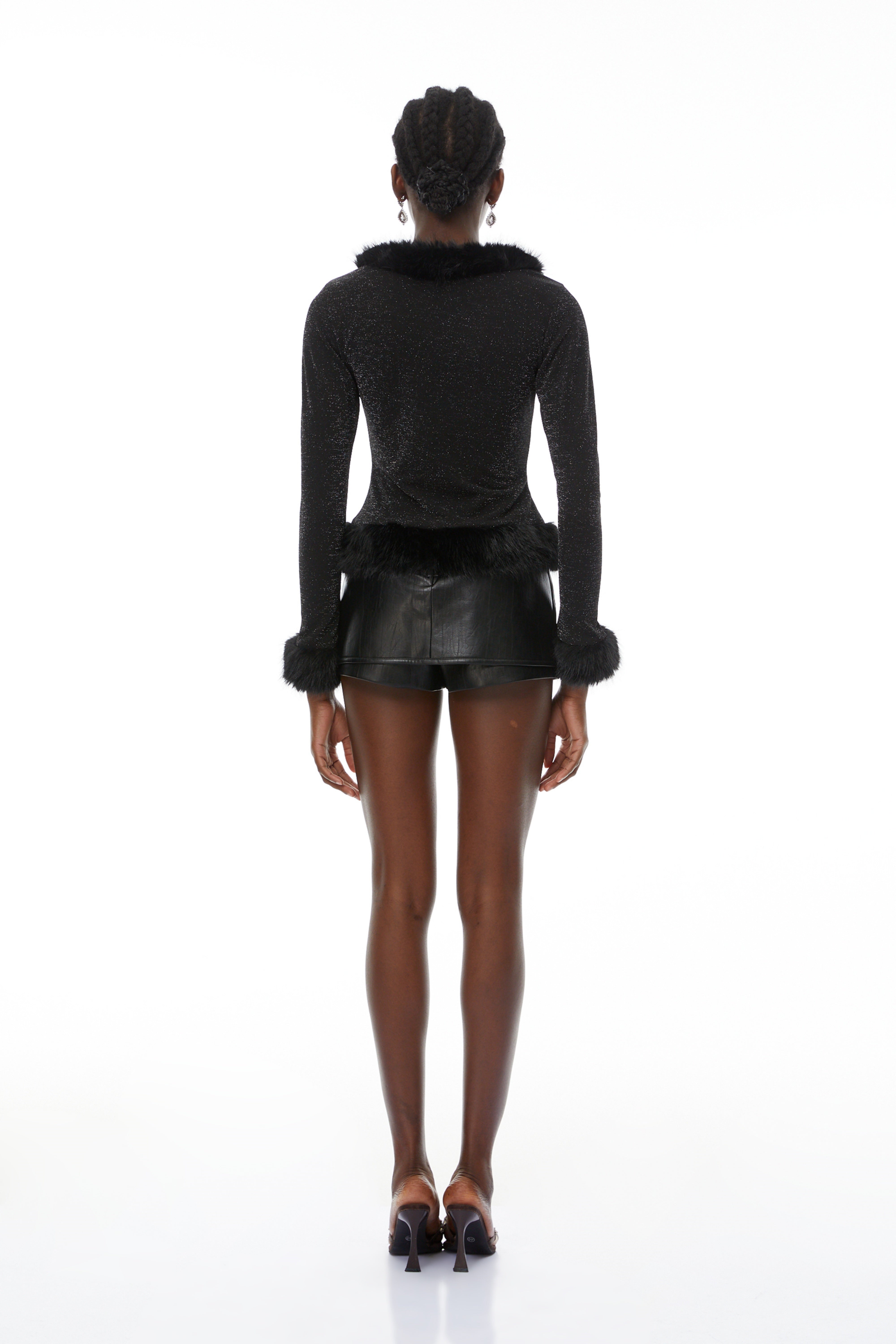Lindsay Black Fur Trim Sheer Glitter Top