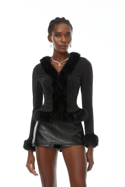 Lindsay Black Fur Trim Sheer Glitter Top