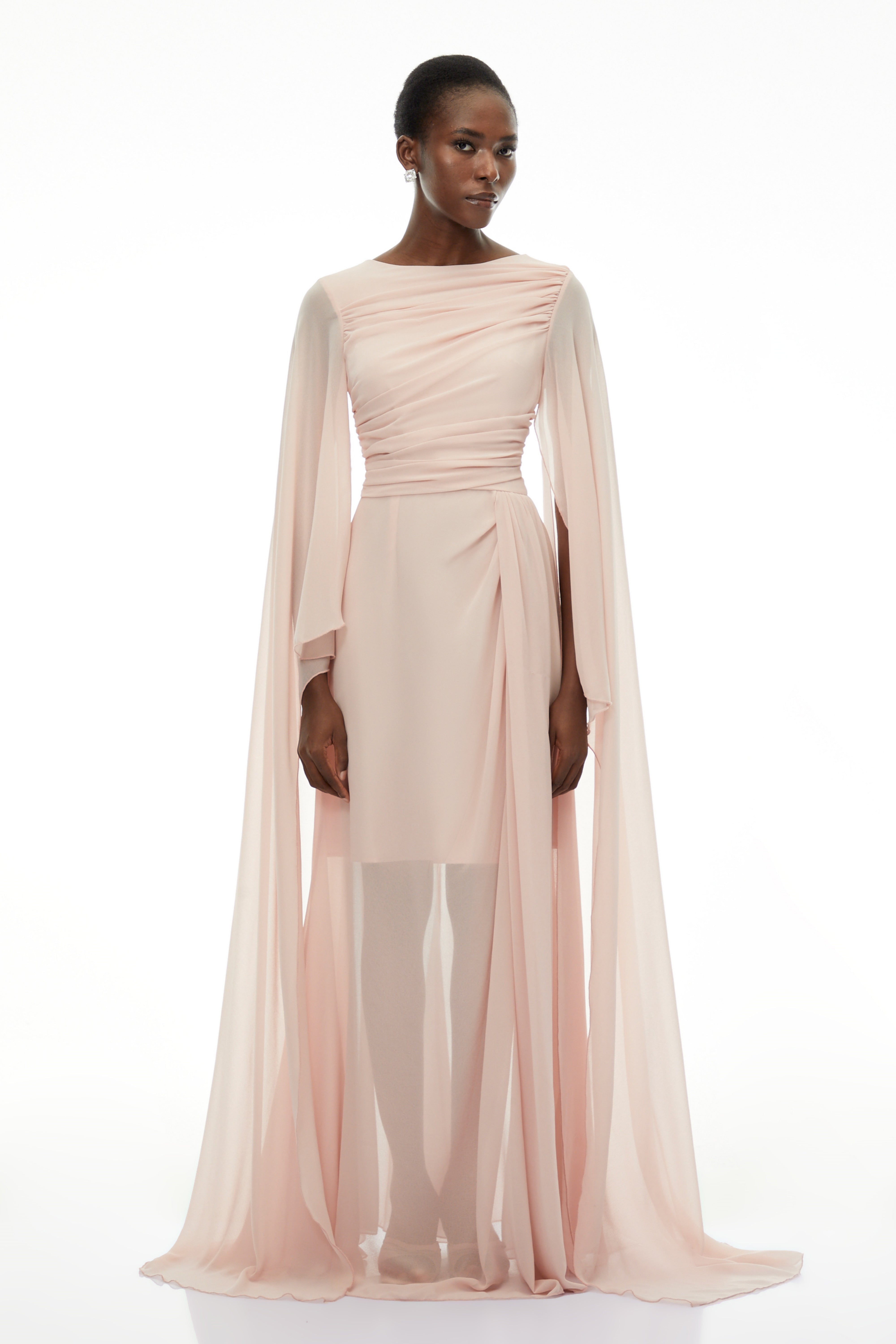 Lindsay Pink Ruched Maxi Dress with Draped Sleeves