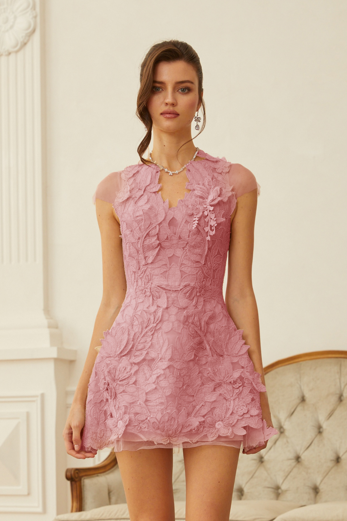 Linnea Pink Floral Applique V-Neck Mini Dress (Final Sale-US Only)