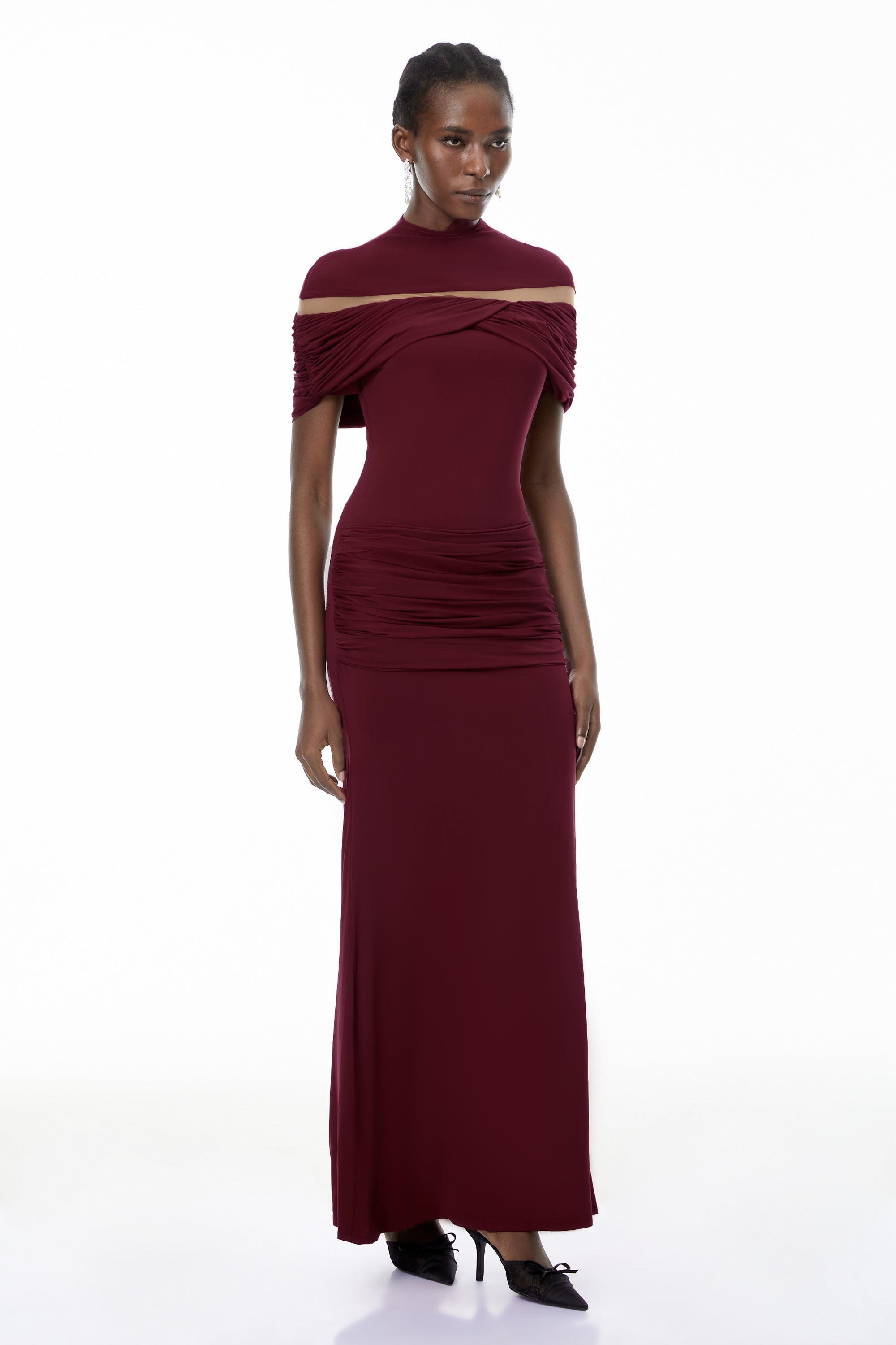 Lise Burgundy Ruched Maxi Dress with Cut-Outs