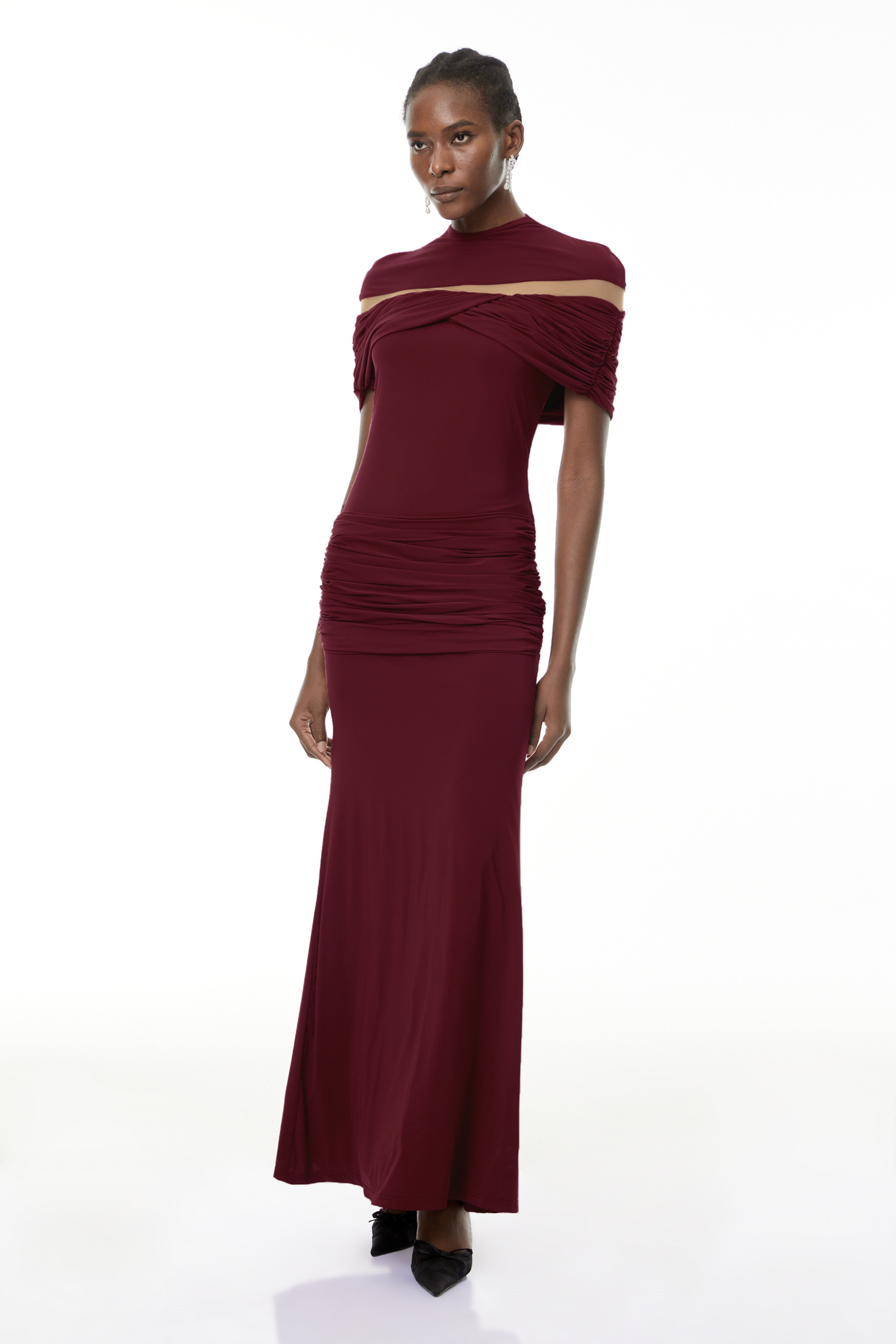 Lise Burgundy Ruched Maxi Dress with Cut-Outs