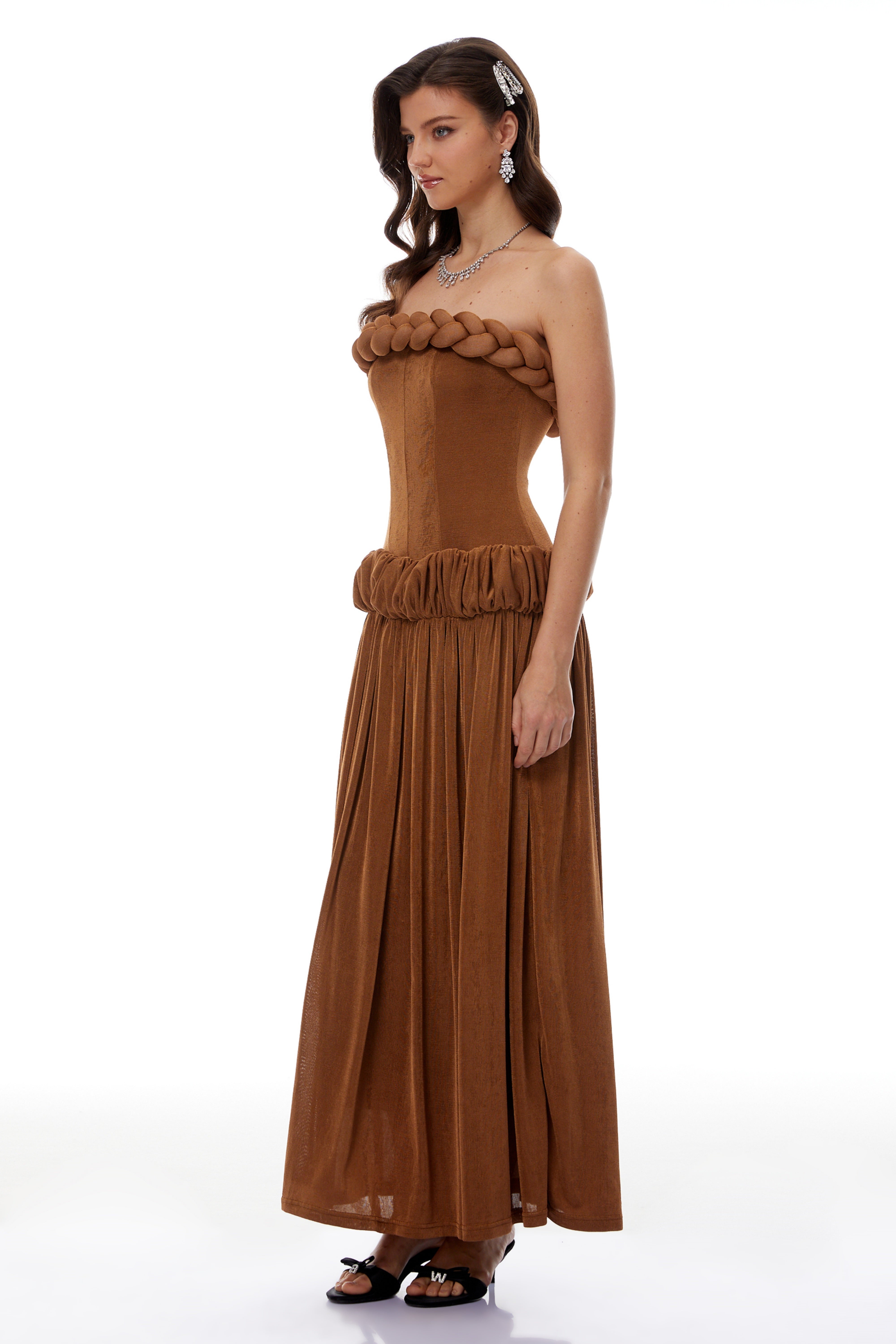 Lluís Brown Ruched Maxi Dress with Braid Detail