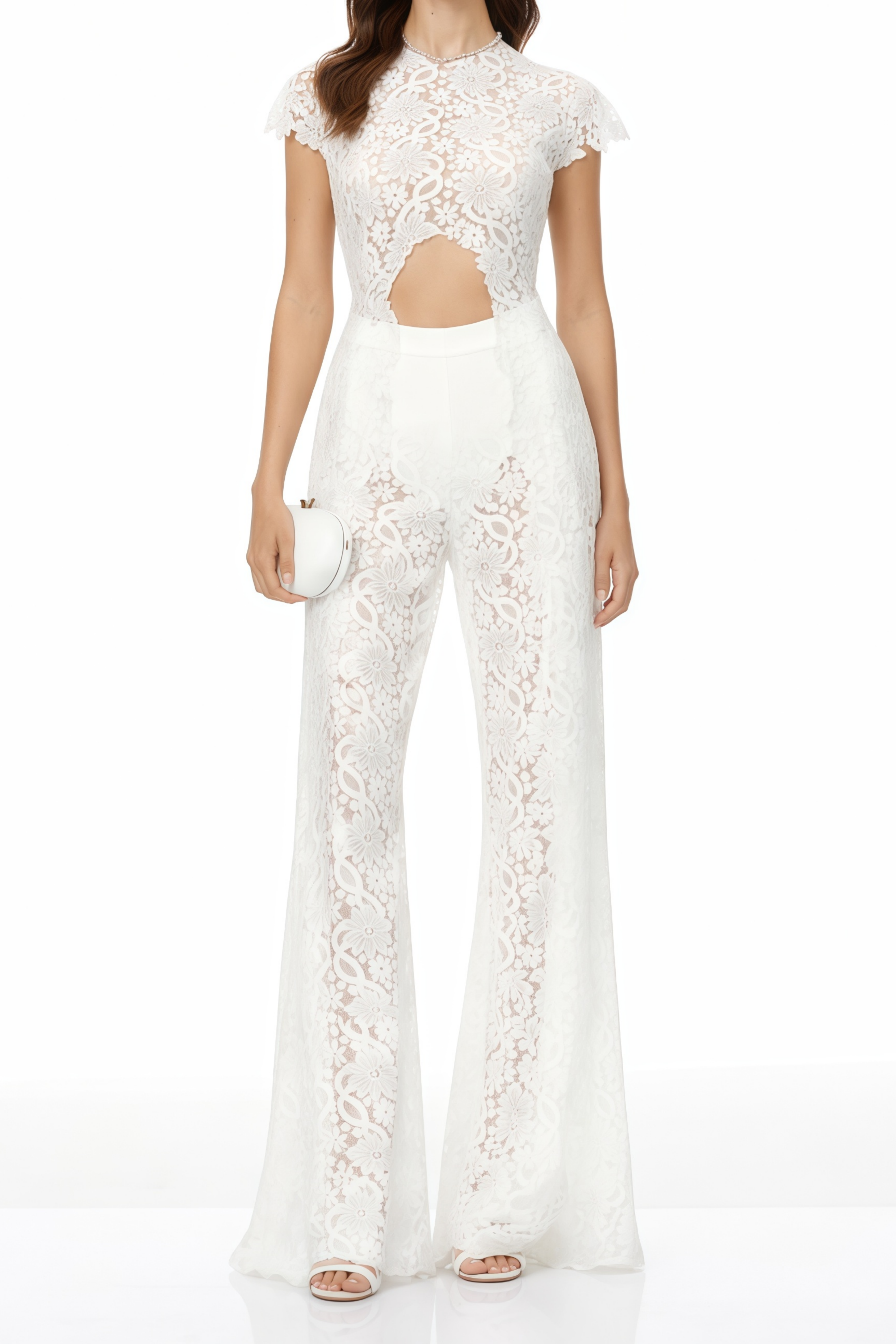 Loana White Floral Lace Top & Trousers Set   