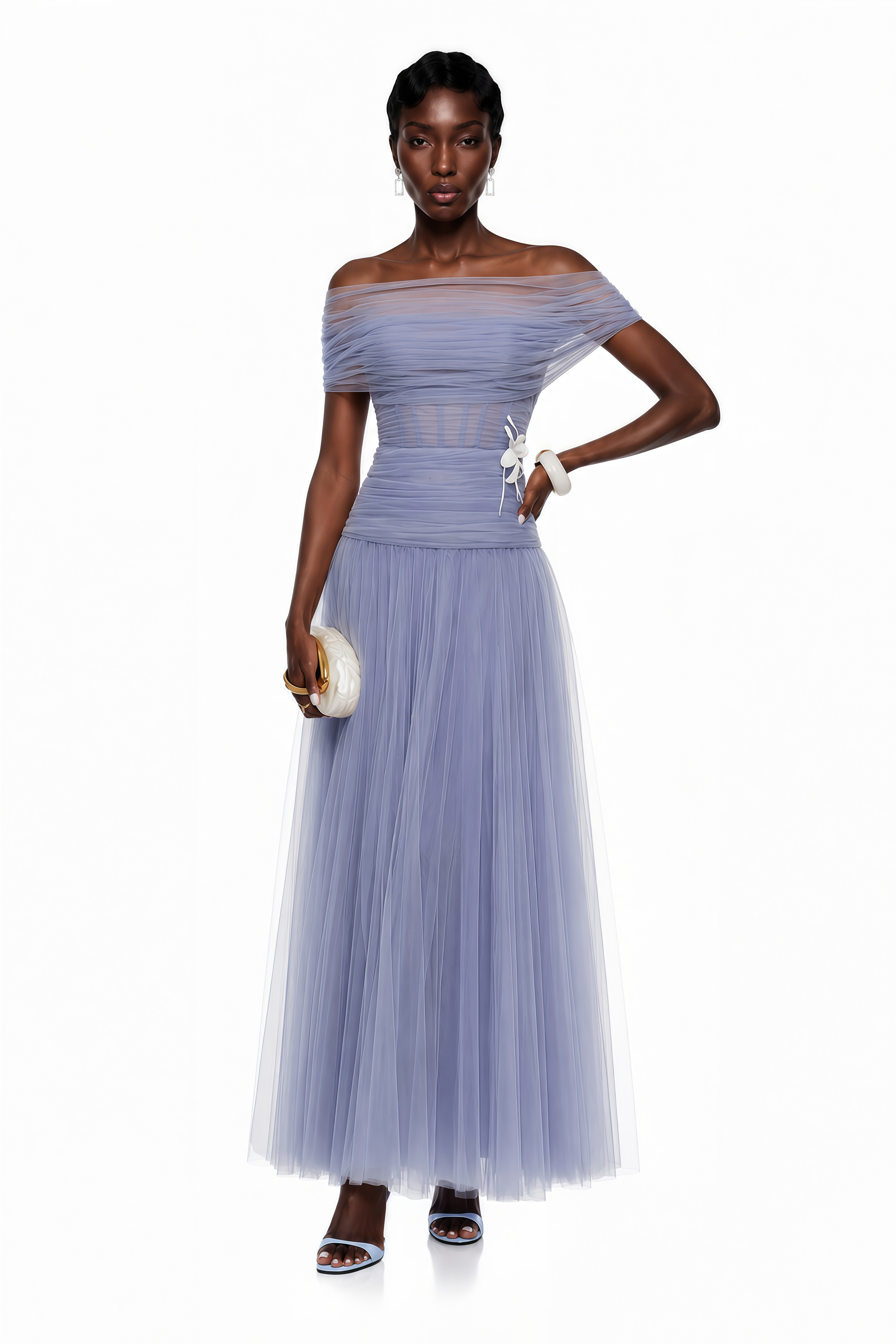 Lolwa Blue Ruched Maxi Dress with 3D Petals