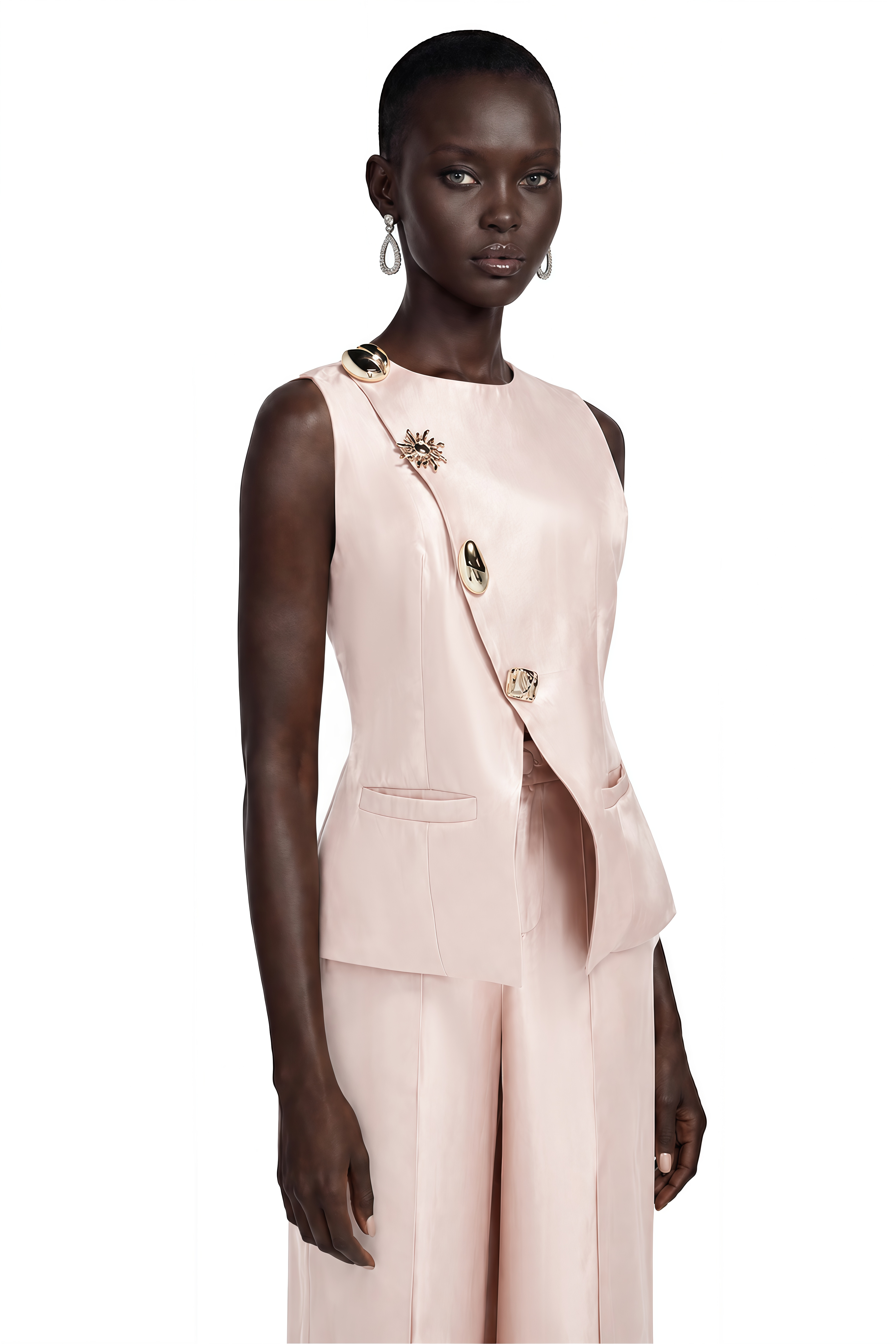 Lorraine Pink Tailored Vest & Trousers Set with Metal Brooch
