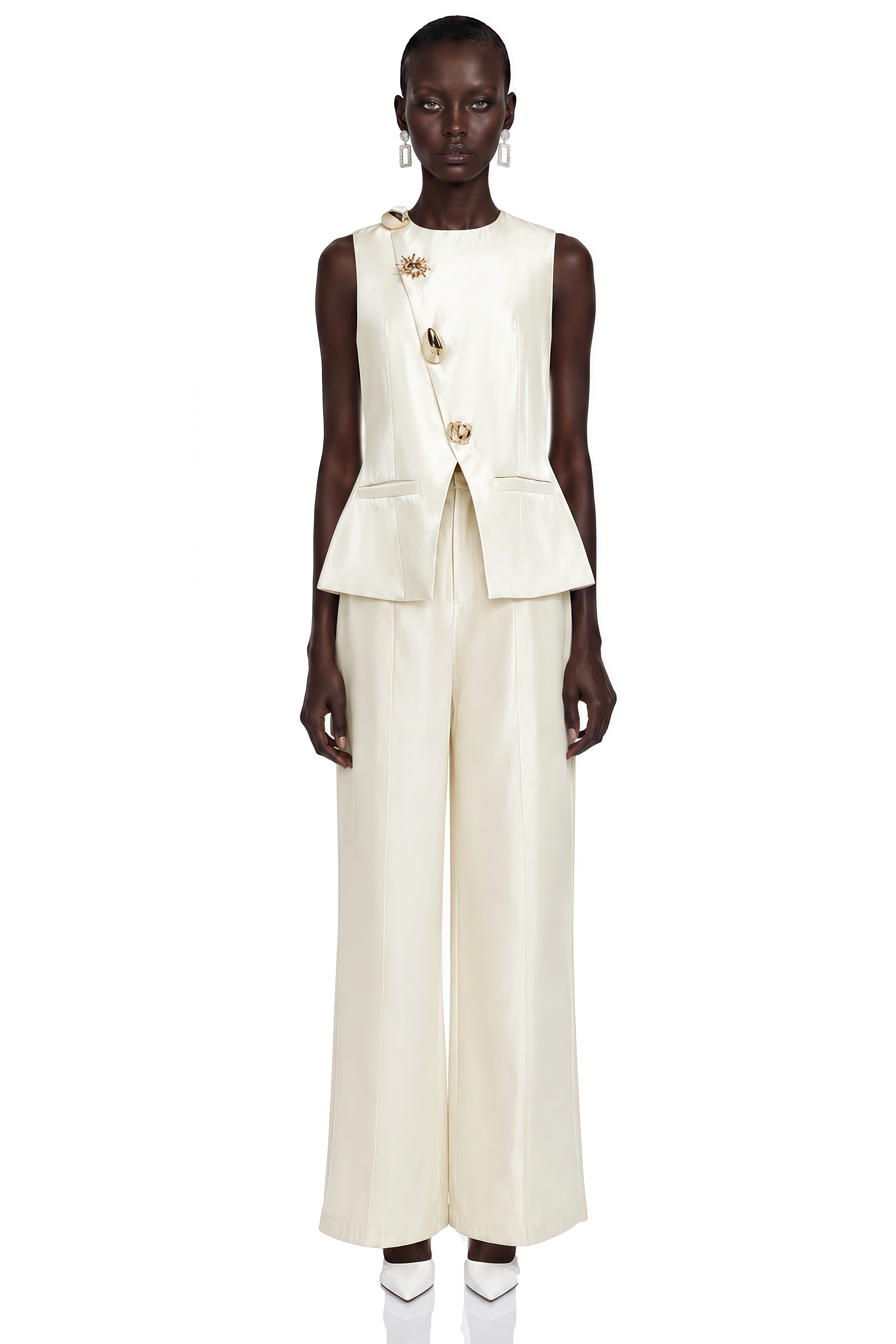 Lorraine White Tailored Vest & Trousers Set with Metal Brooch