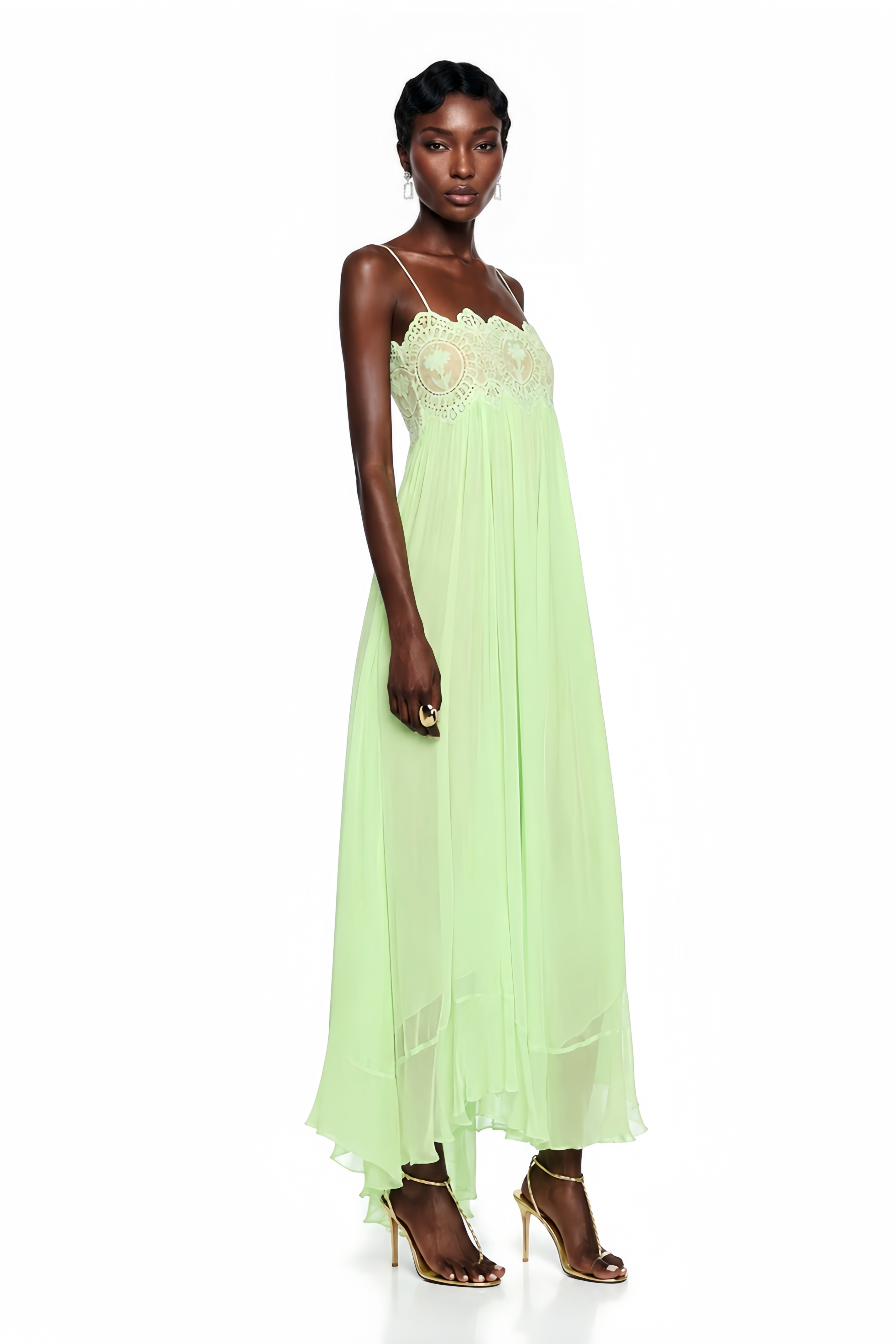 Luciana Emerald Green Sleeveless Maxi Dress with Lace Panels