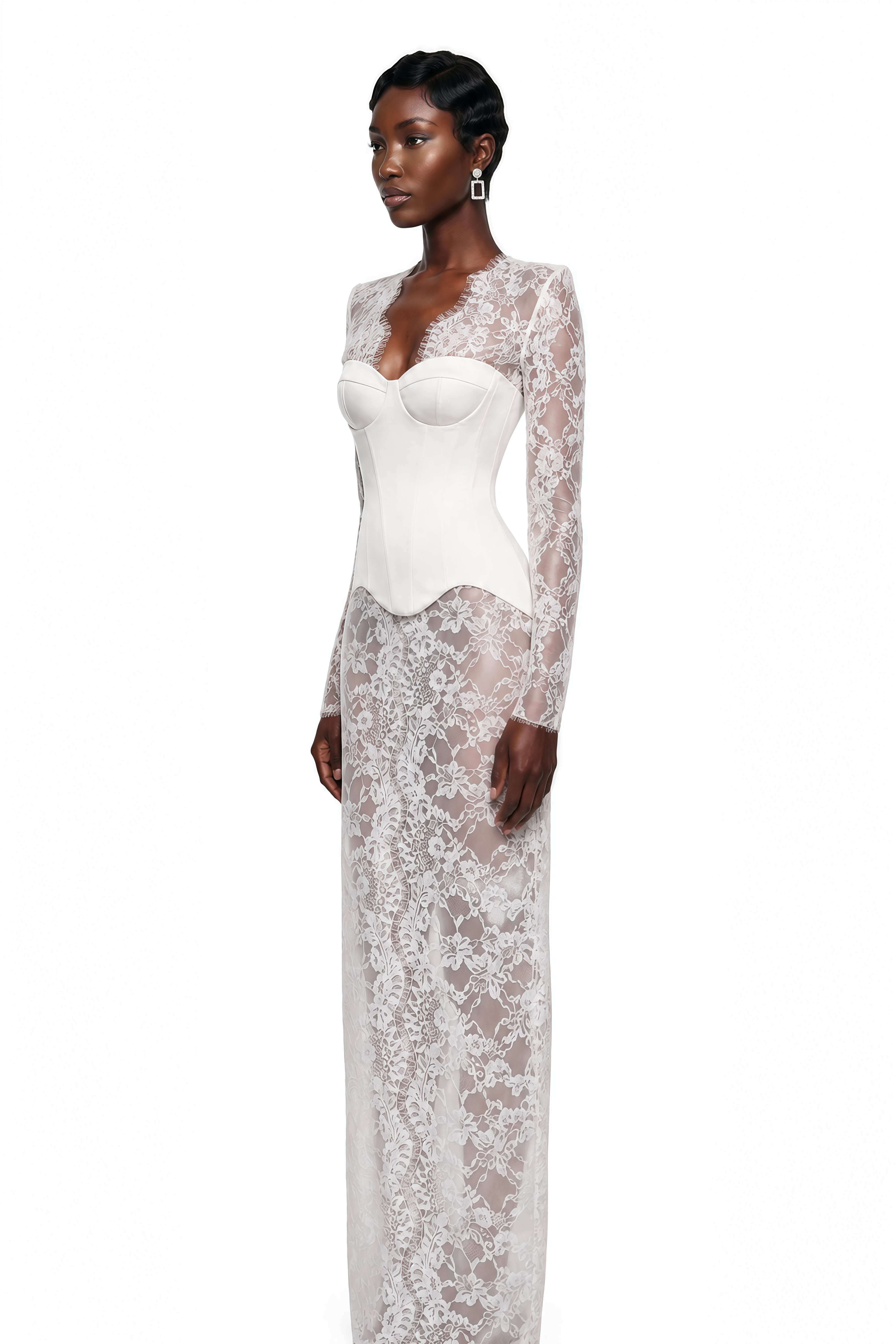 Luciana White Plunge Neck Maxi Dress with Lace Panel