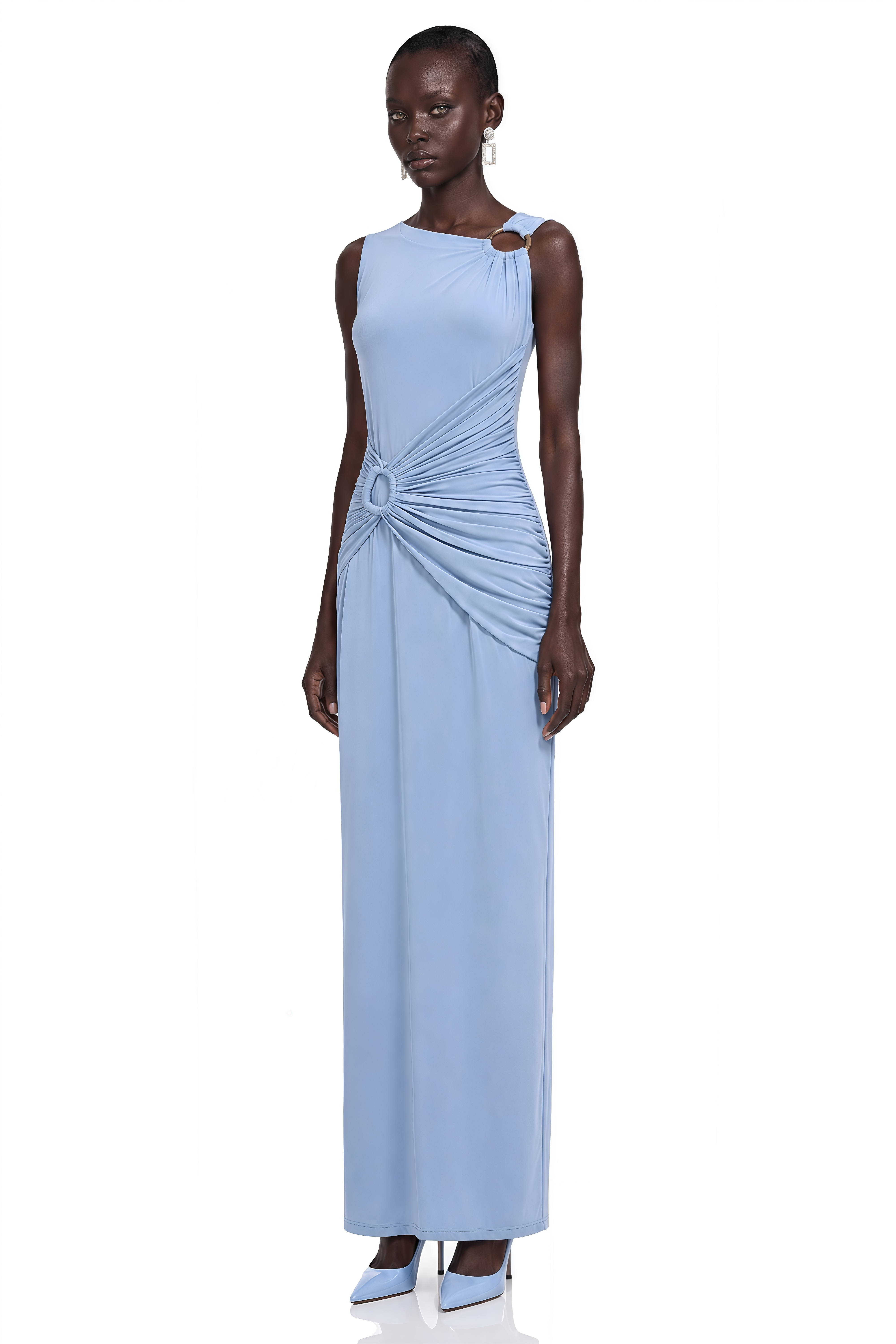 Ludmila Blue Ruched Maxi Dress with Metal Buckles