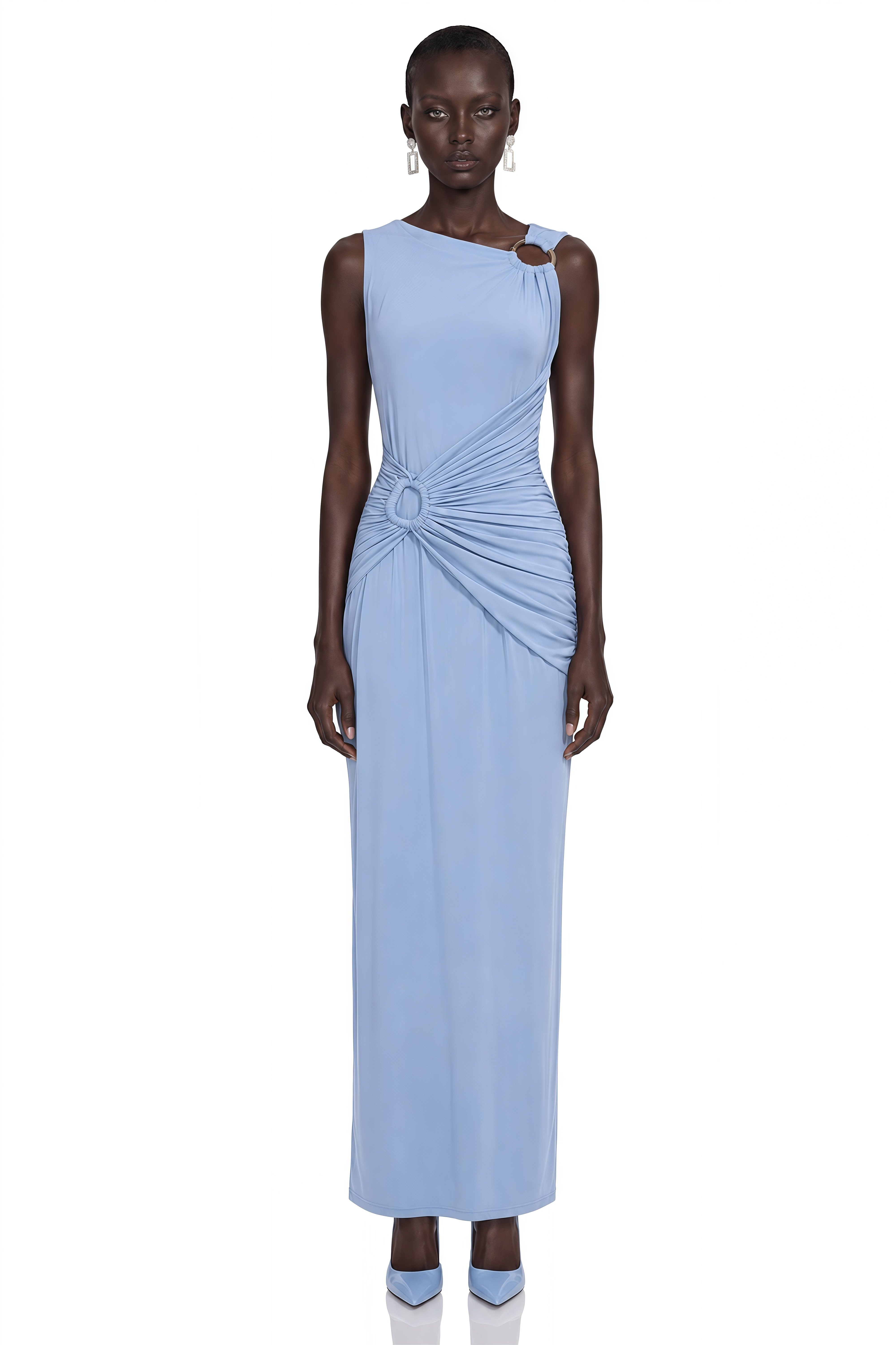 Ludmila Blue Ruched Maxi Dress with Metal Buckles