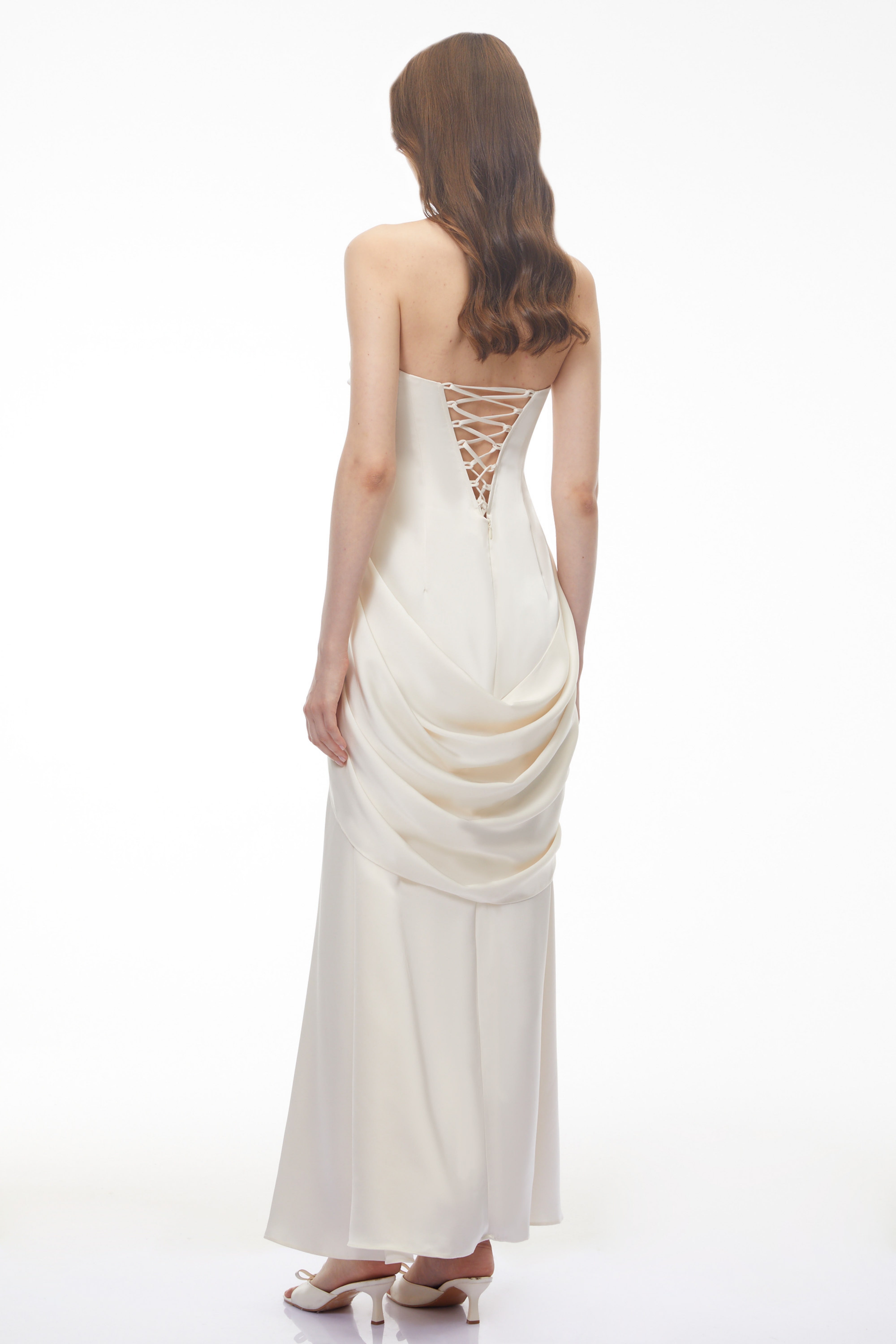 Luluwah White Ruched Maxi Dress with Bow Detail