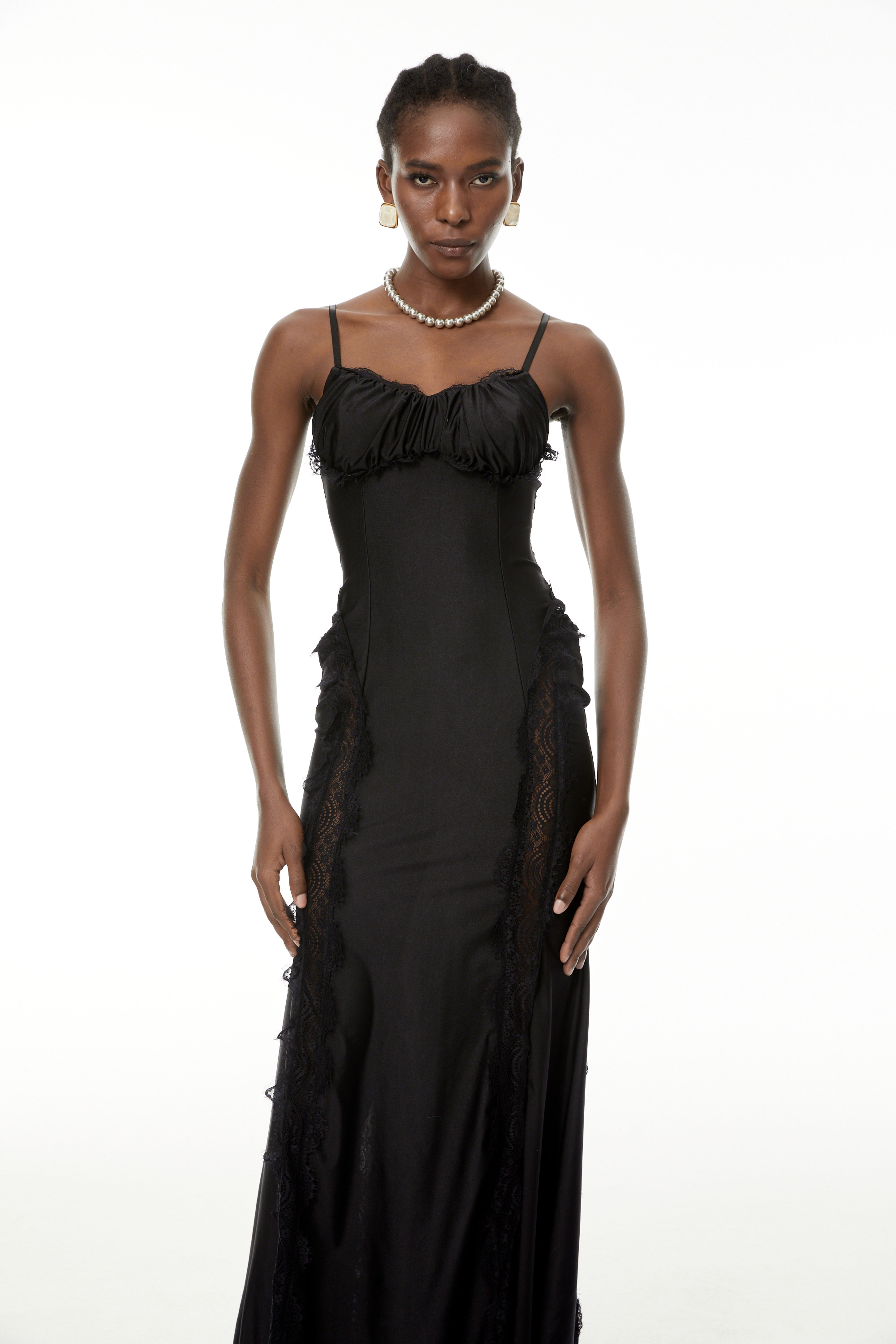 Luminița Black Lace Trim Corset Maxi Dress