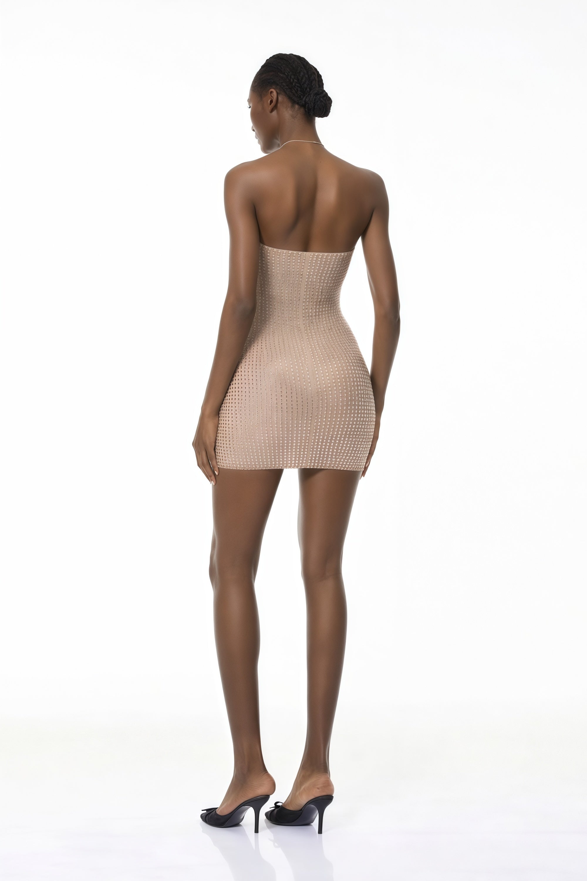 Luminita Neutral Halterneck Rhinestone Mini Dress