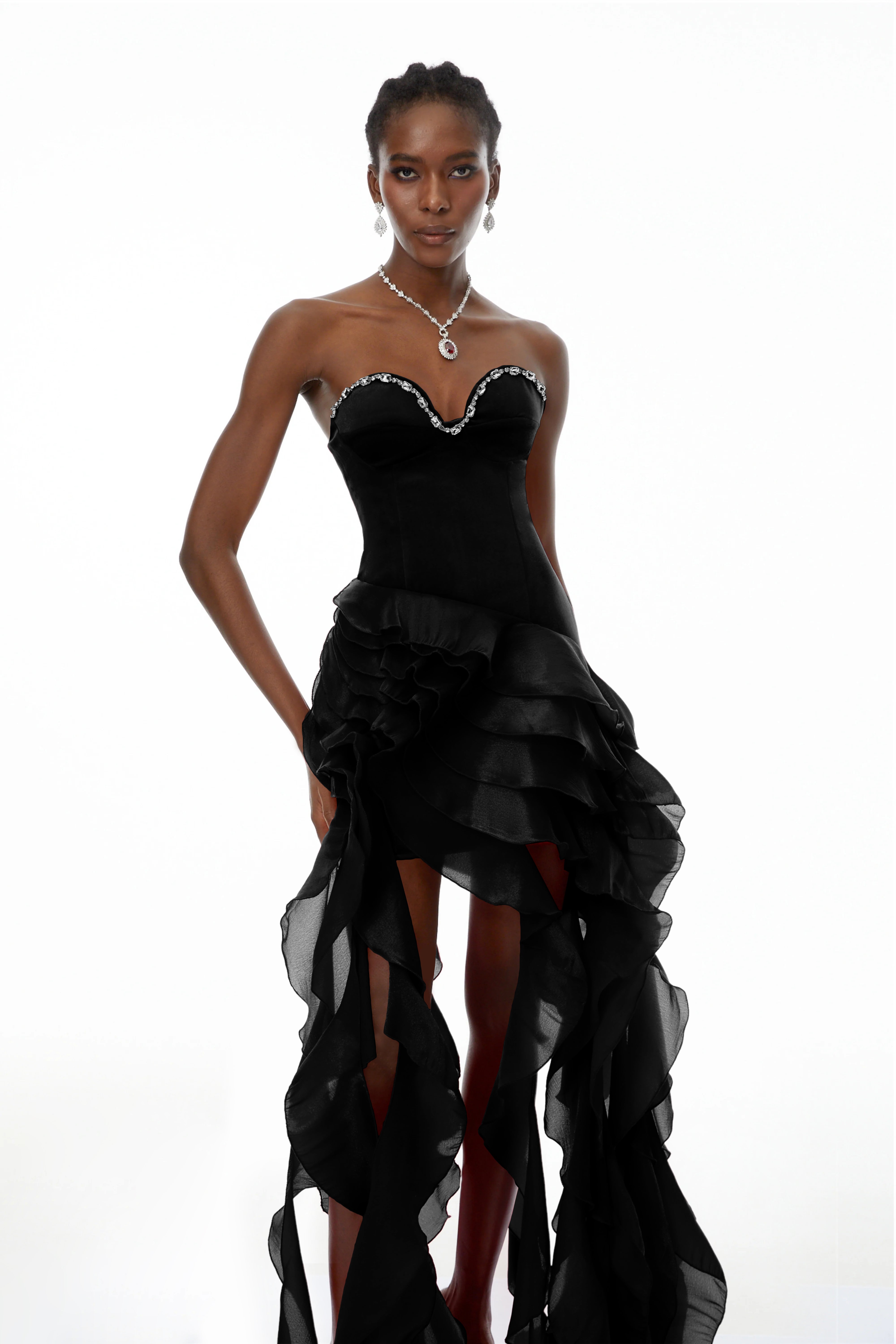 Lunetta Black Strapless Ruffled Maxi Dress