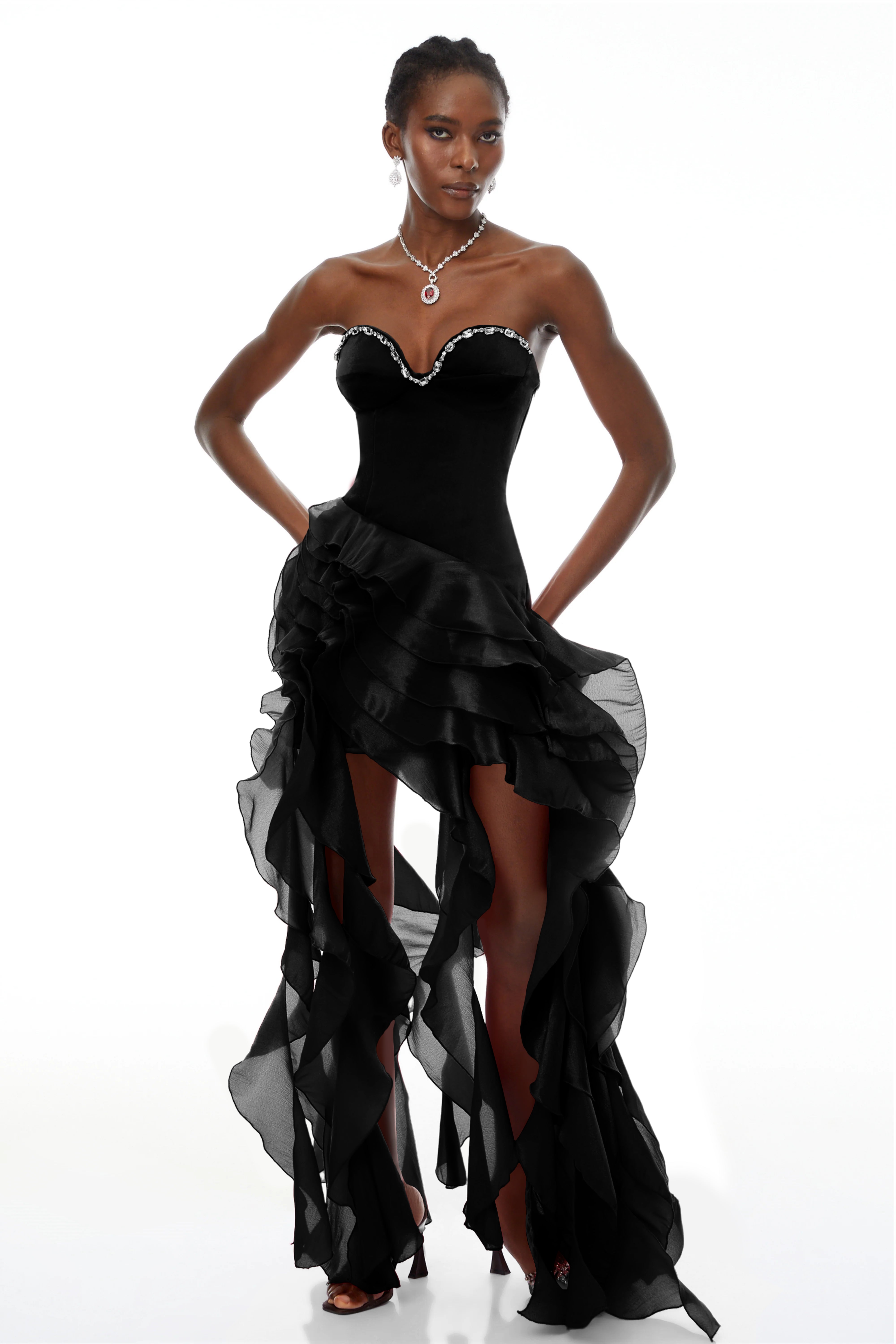 Lunetta Black Strapless Ruffled Maxi Dress