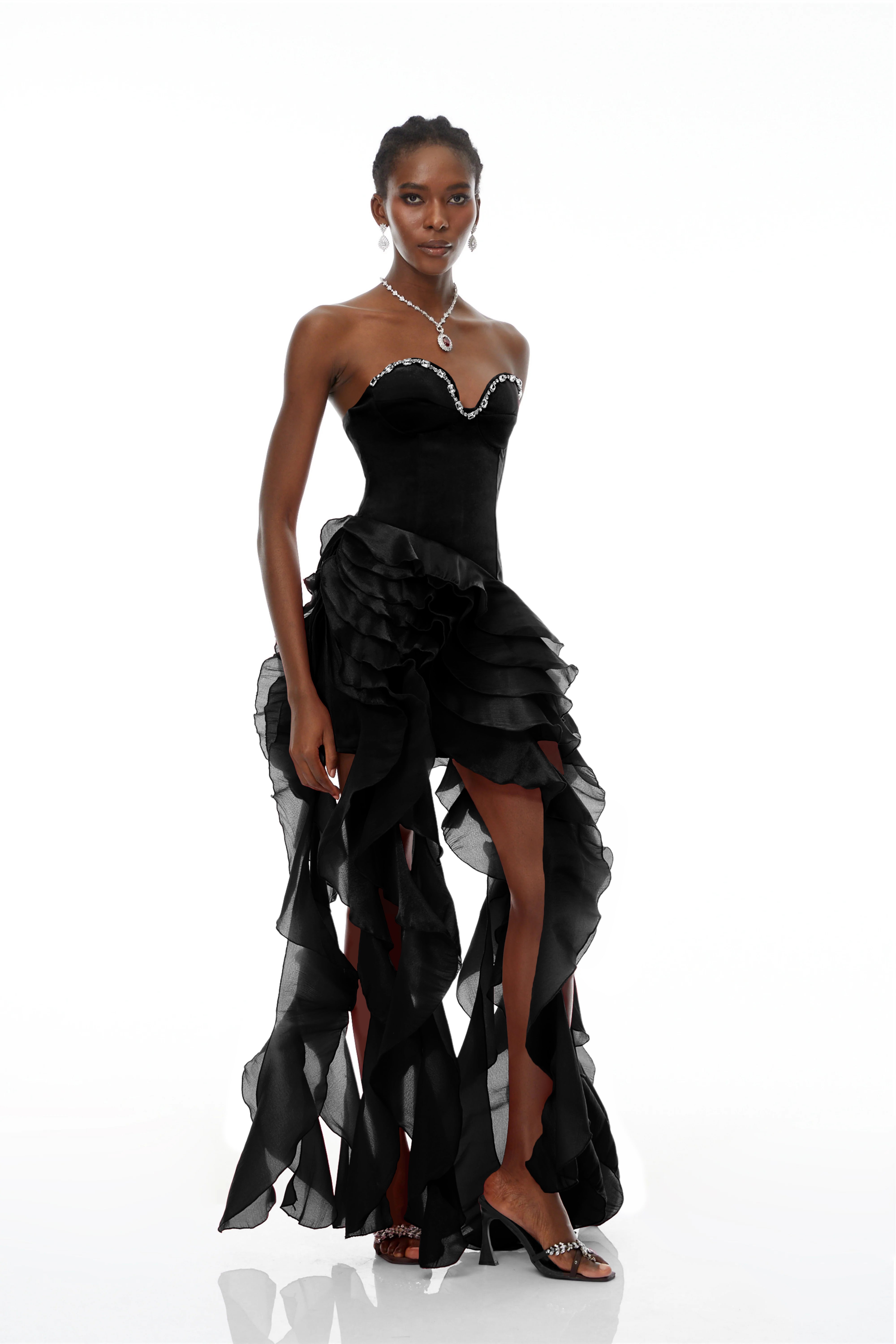 Lunetta Black Strapless Ruffled Maxi Dress