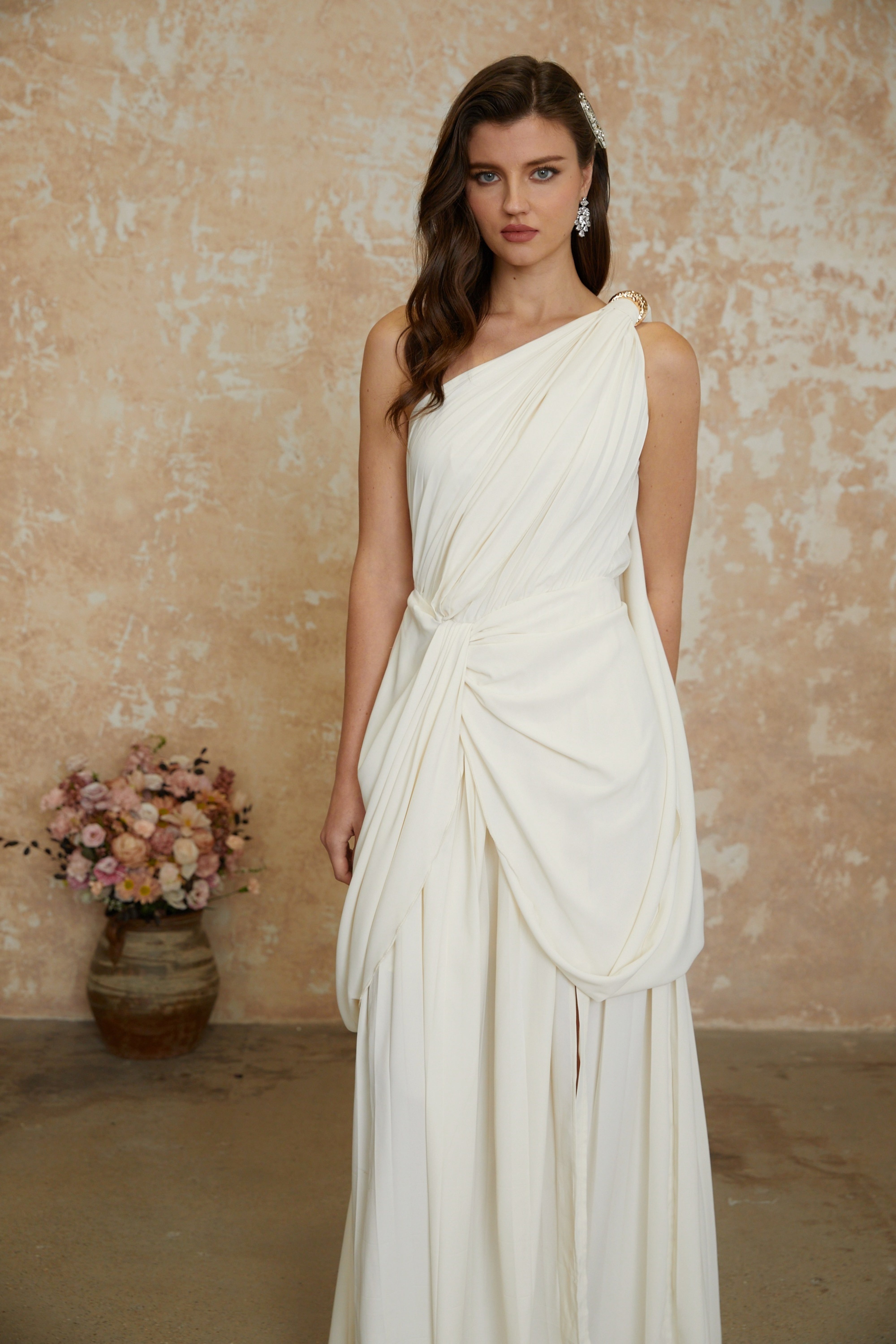 Lyric White Twist High Slit Ruched Maxi Dress