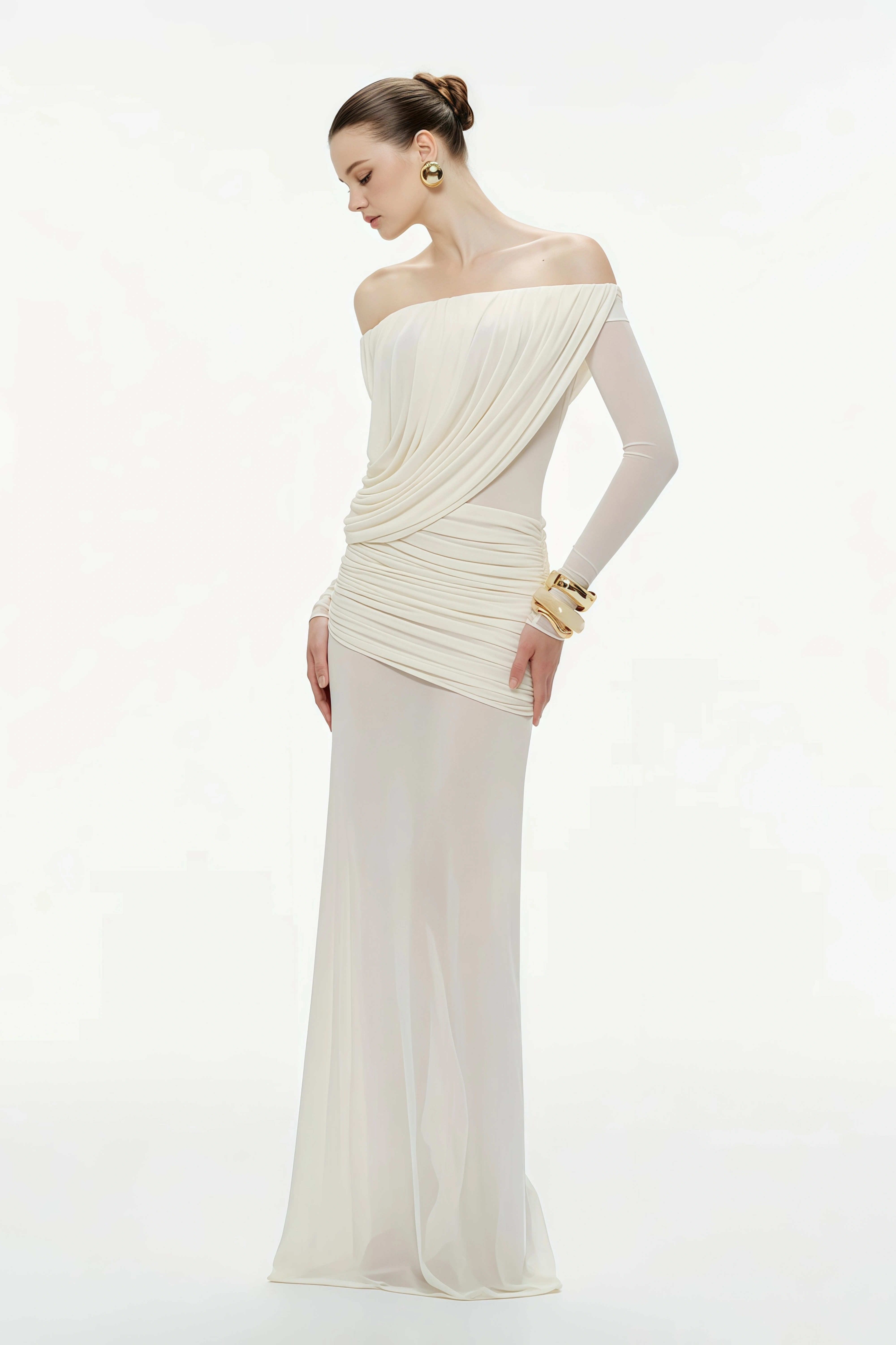 Zenobia Brown Asymmetrisches Maxikleid aus drapiertem Mesh