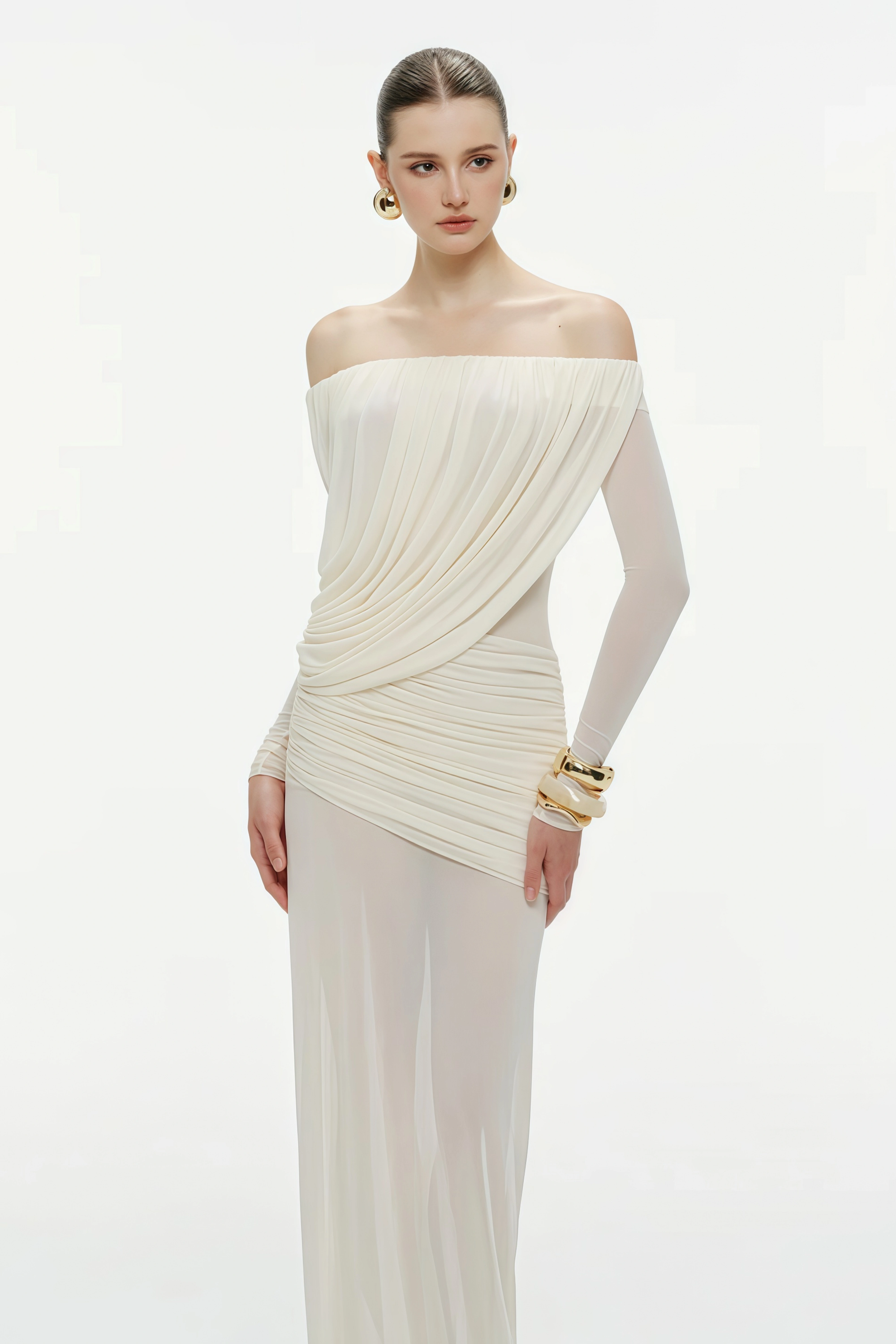 Zenobia Brown Asymmetrisches Maxikleid aus drapiertem Mesh