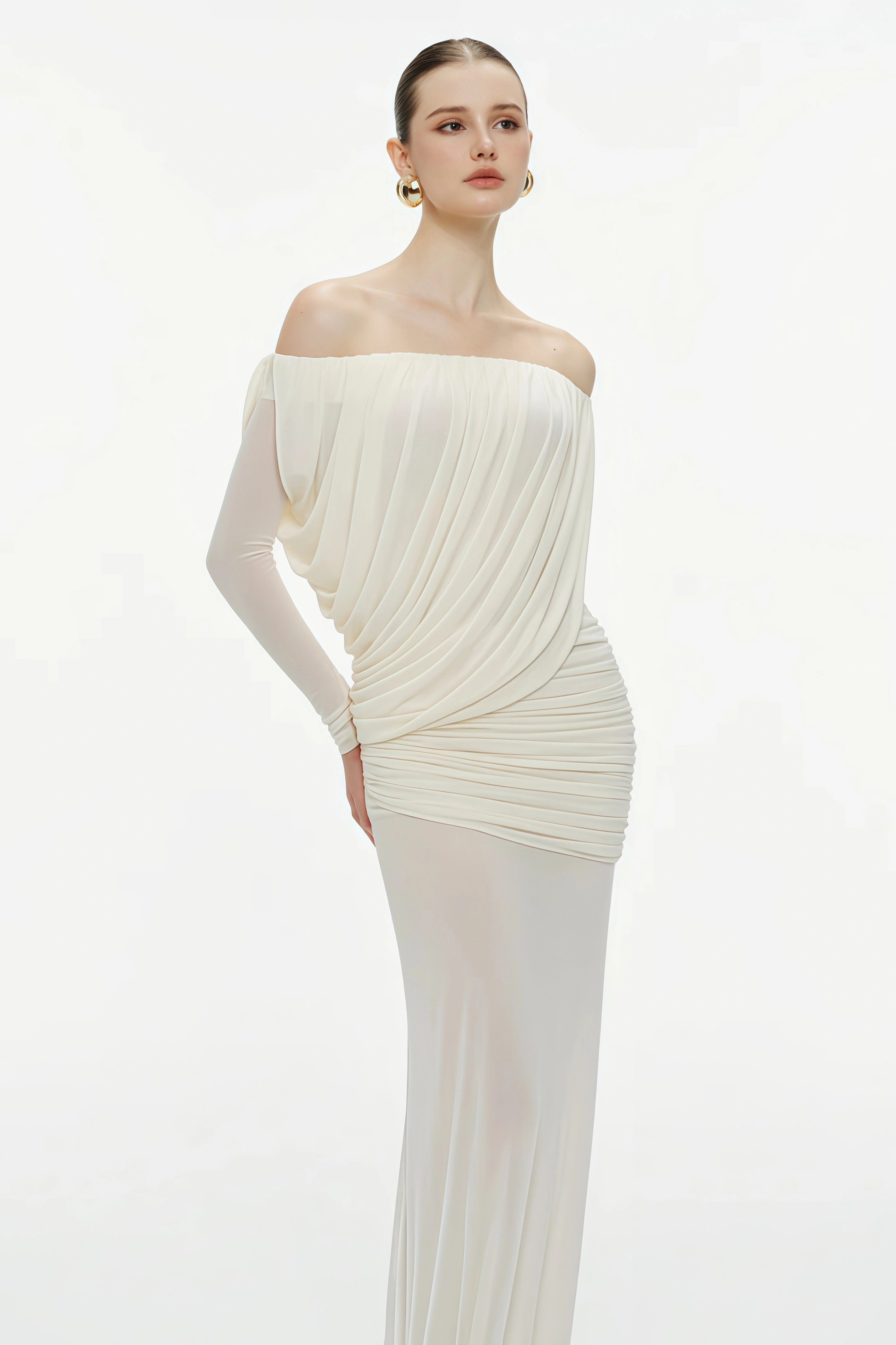 Zenobia Brown Asymmetrisches Maxikleid aus drapiertem Mesh