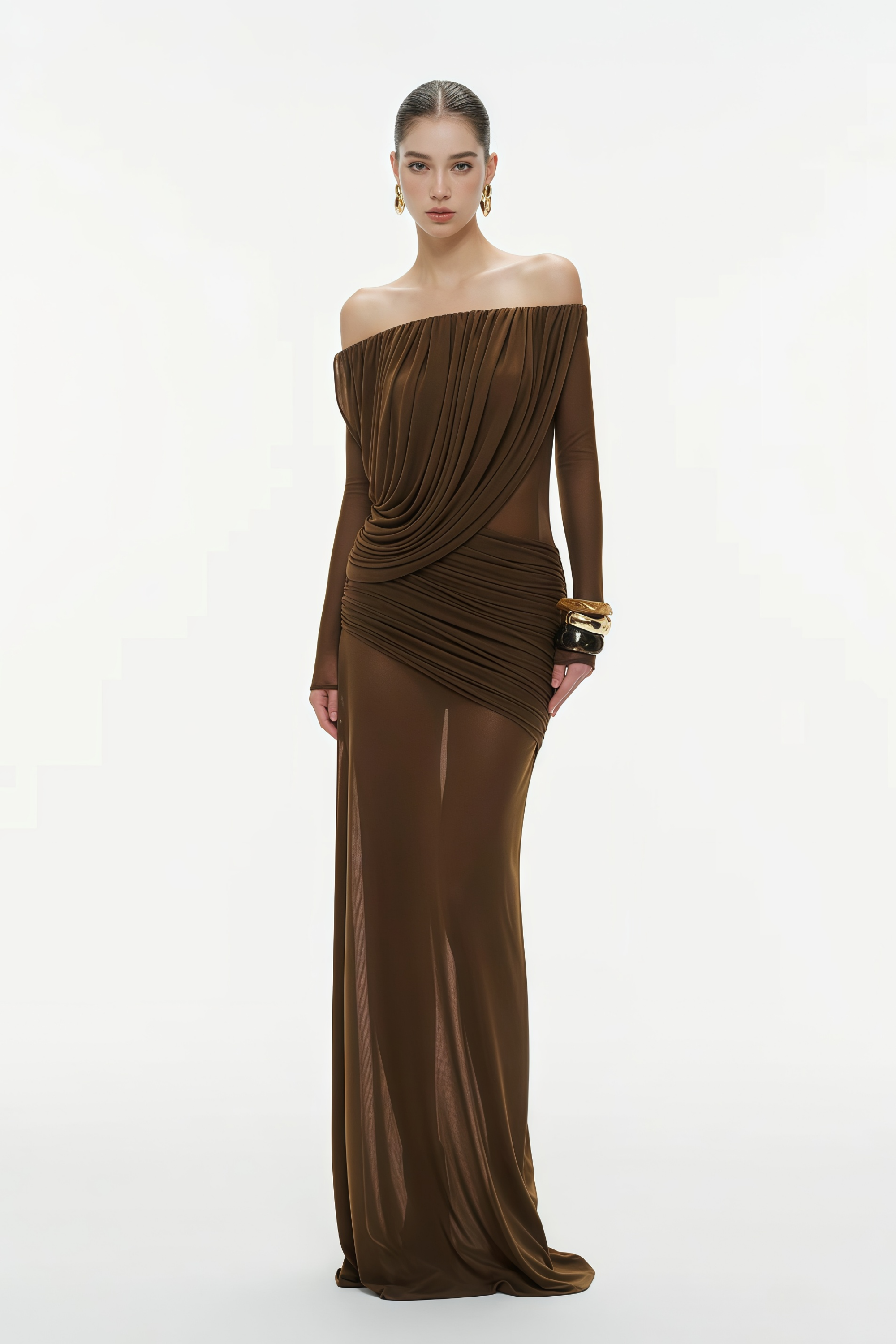 Zenobia Brown Asymmetrical Draped Mesh Maxi Dress