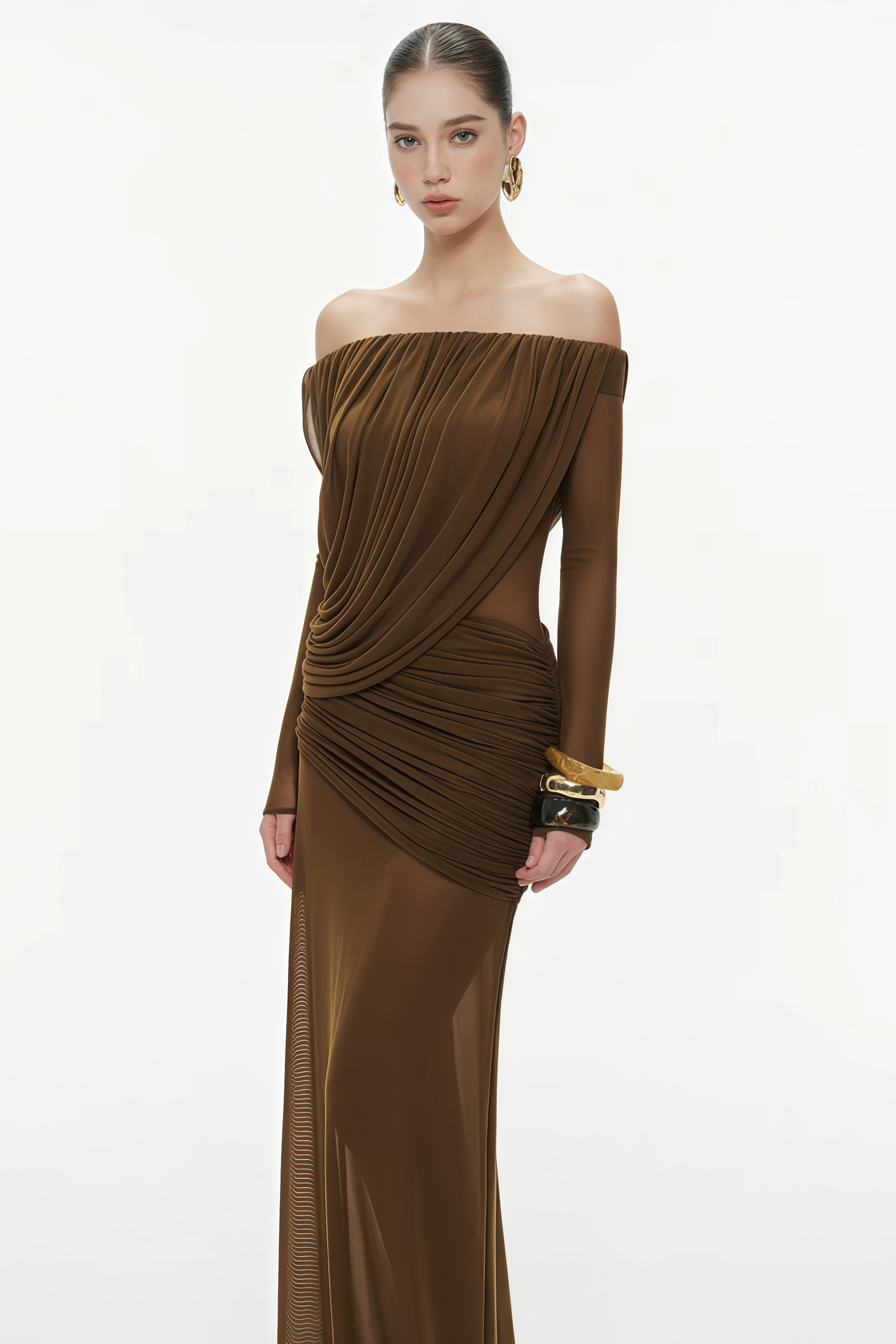 Zenobia Brown Asymmetrical Draped Mesh Maxi Dress