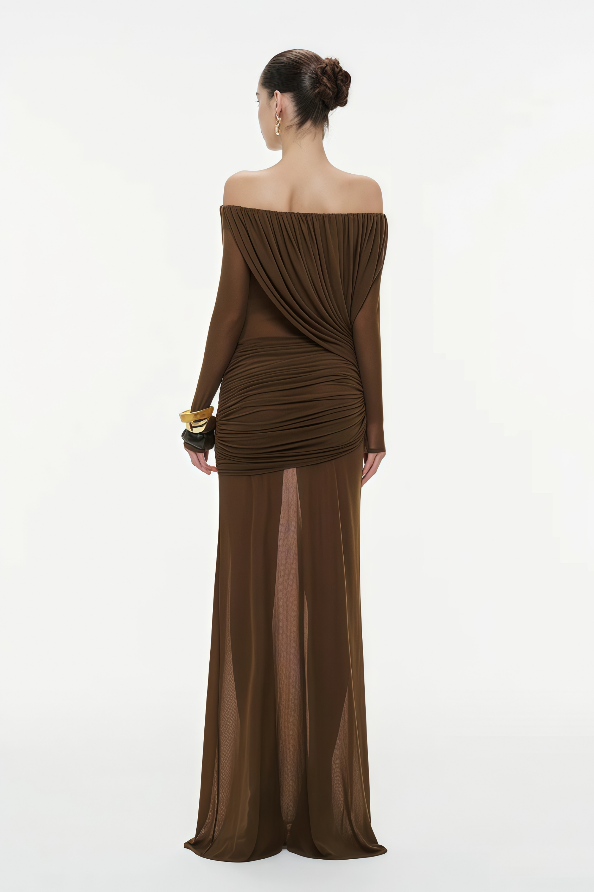 Zenobia Brown Asymmetrical Draped Mesh Maxi Dress