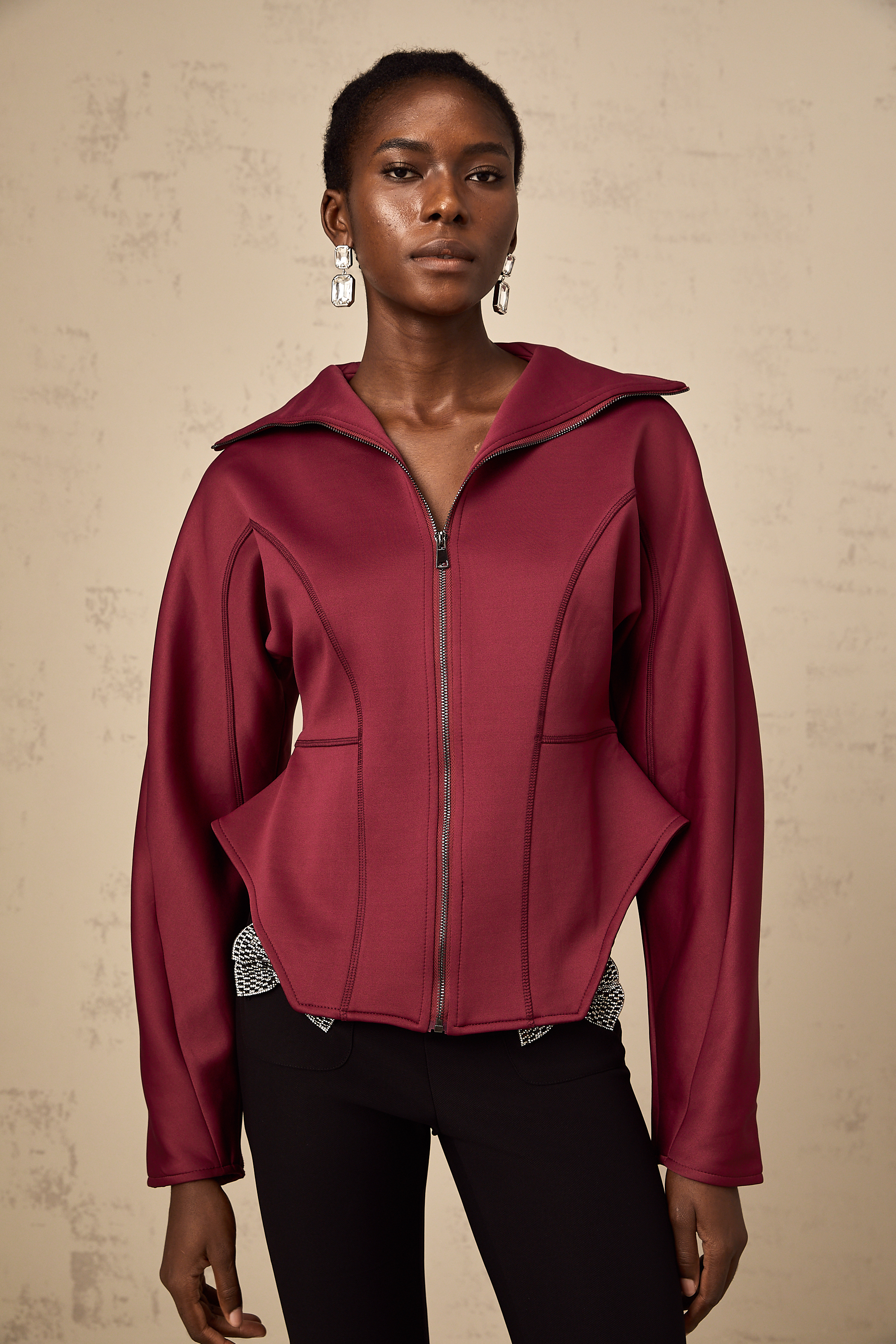 Manuela wine-red curved-hem jacket